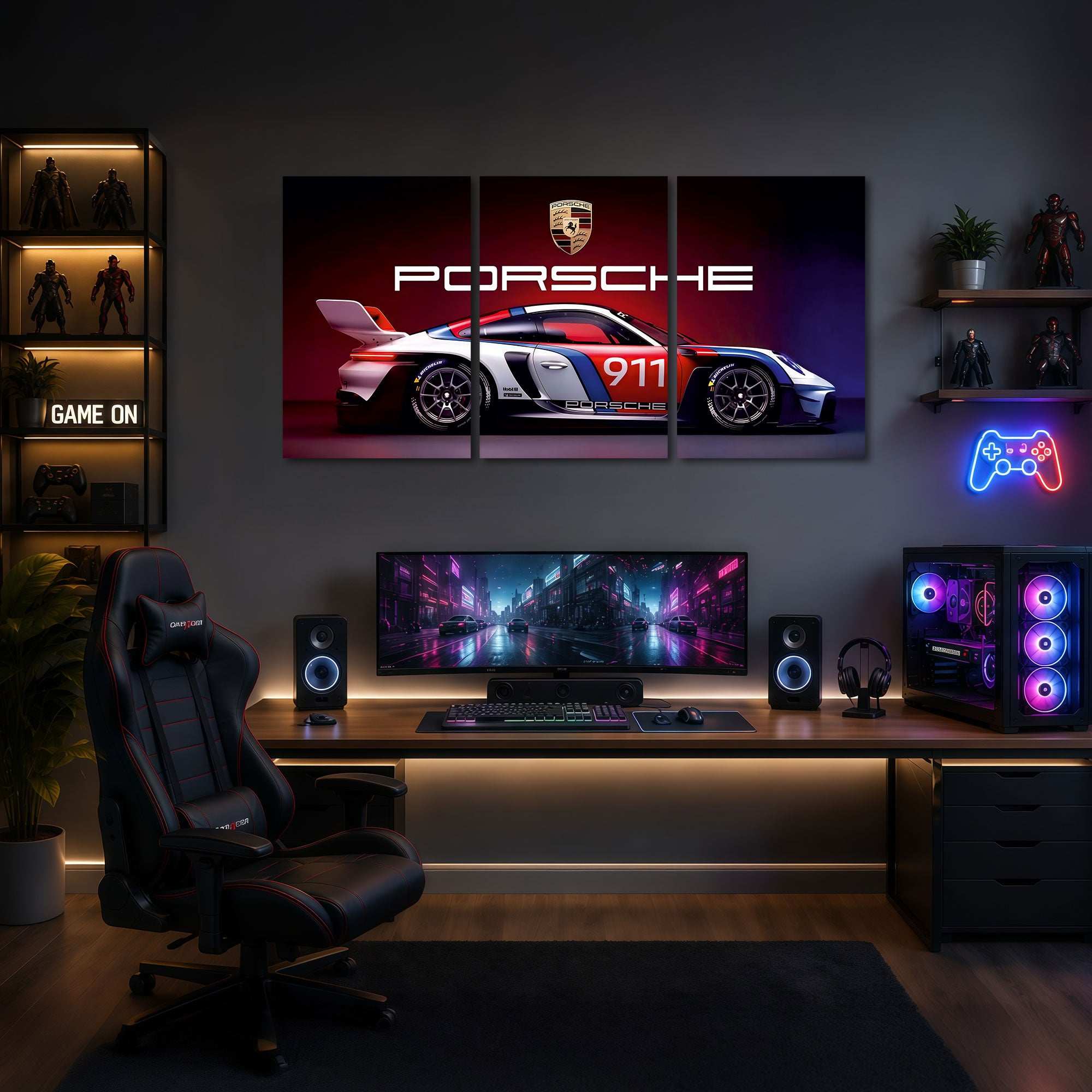 The Castle Decor Porsche Racing Car Wall Art Set of 3 MDF Painting Luxury Sports Car Wall Decor for Men Gamers Bedroom Gaming Room Office Home Decoration