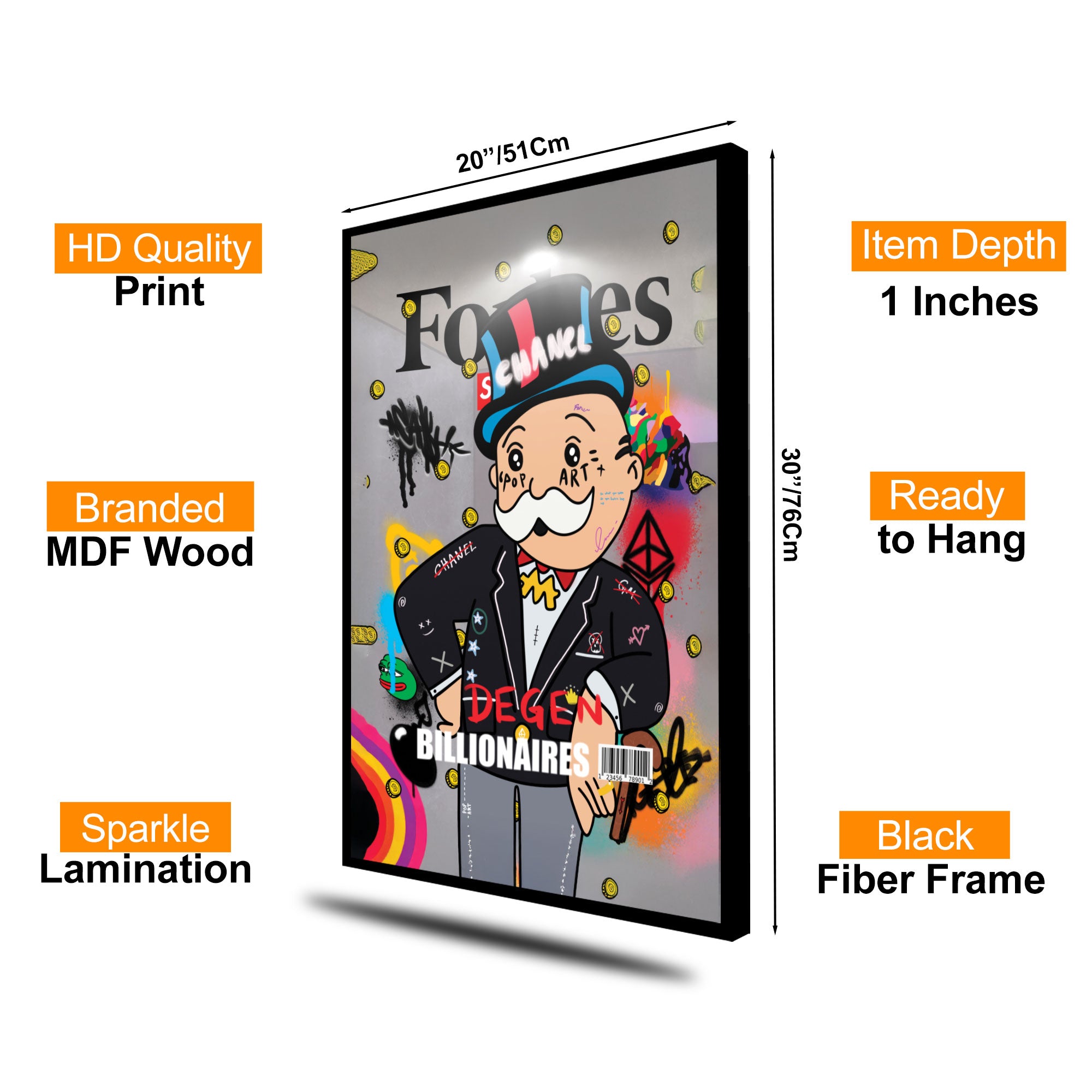 The Castle Decor Pop Art Billionaire Cartoon Wall Art, Luxury Monopoly Style Graffiti Artwork with Sparkle Finish, 20×30 Inch Wall Décor for Office & Man Cave