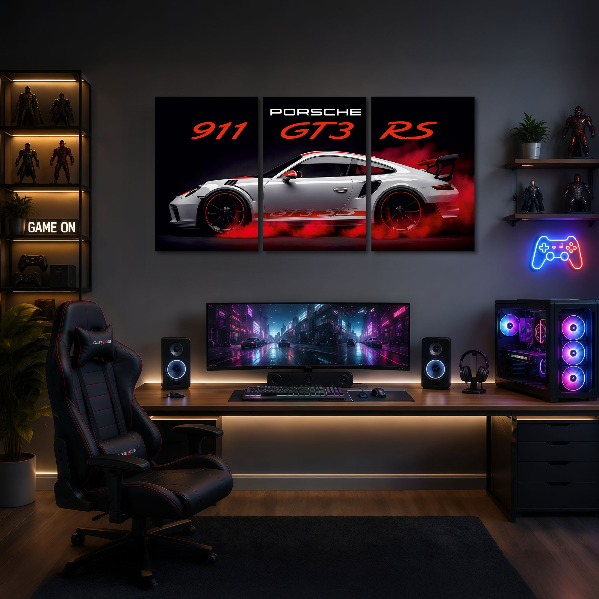The Castle Decor Porsche 911 GT3 RS MDF Wall Art Set of 3 Sports Car Wall Painting for Bedroom, Gaming Room, Living Room & Office | Premium HD Printed Modern Wall Decor for Car Lovers