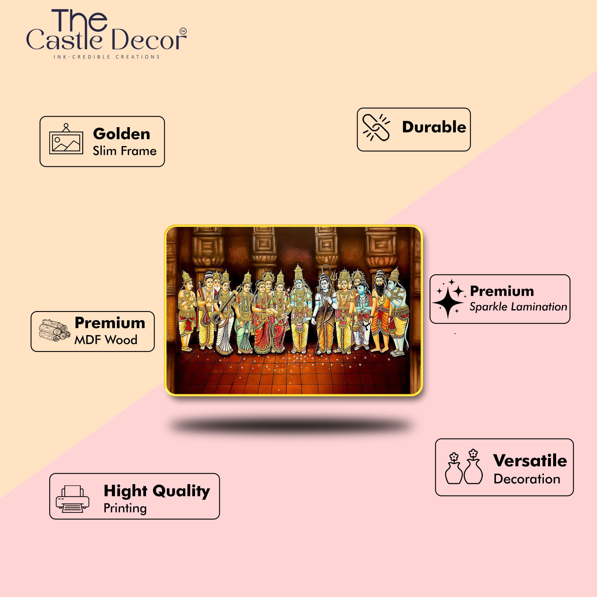 The Castle Decor Lord Shiva Kalyanam Digital Print With Sparkle Lamination Wall Art | Premium Golden Slim Frame | Divine Hindu God Wall Décor for Home, Living Room & Pooja Room 20X30 Inches