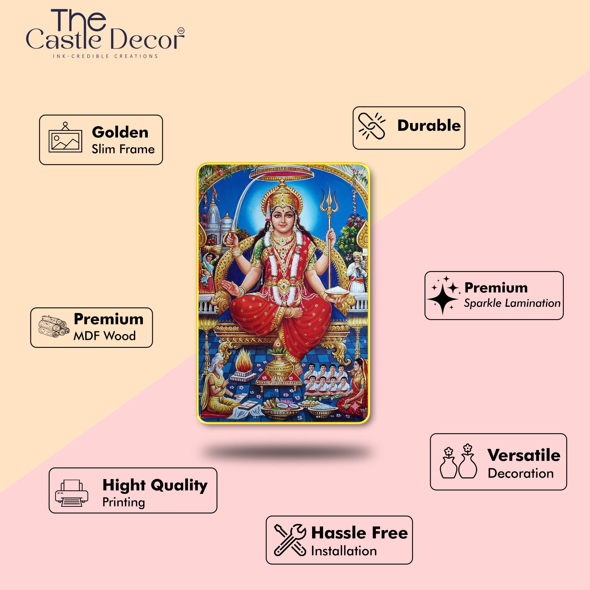 The Castle Decor Maa Santoshi Wall Frame | Sparkle Laminated on Digital Print with Golden Slim Frame | Sacred Wall Art for Pooja Room, Temple & Home Décor 20X30