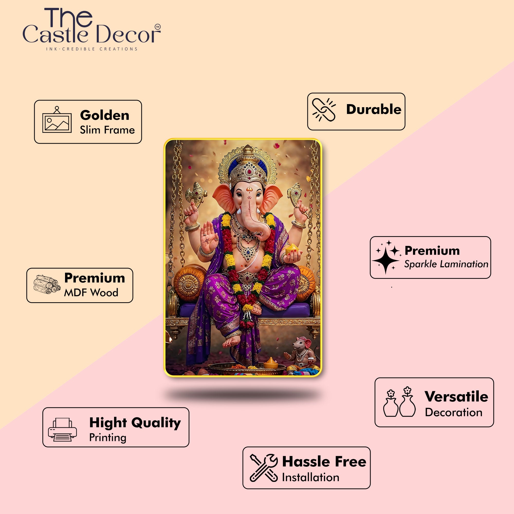 The Castle Decor Ganpati Bappa Wall Painting (20x30 Inch) | Sparkle Laminated Ganesha Art | Golden Slim Frame with MDF | Hindu God Decorative Photo for Home, Mandir & Gift | Spiritual Wall Decor