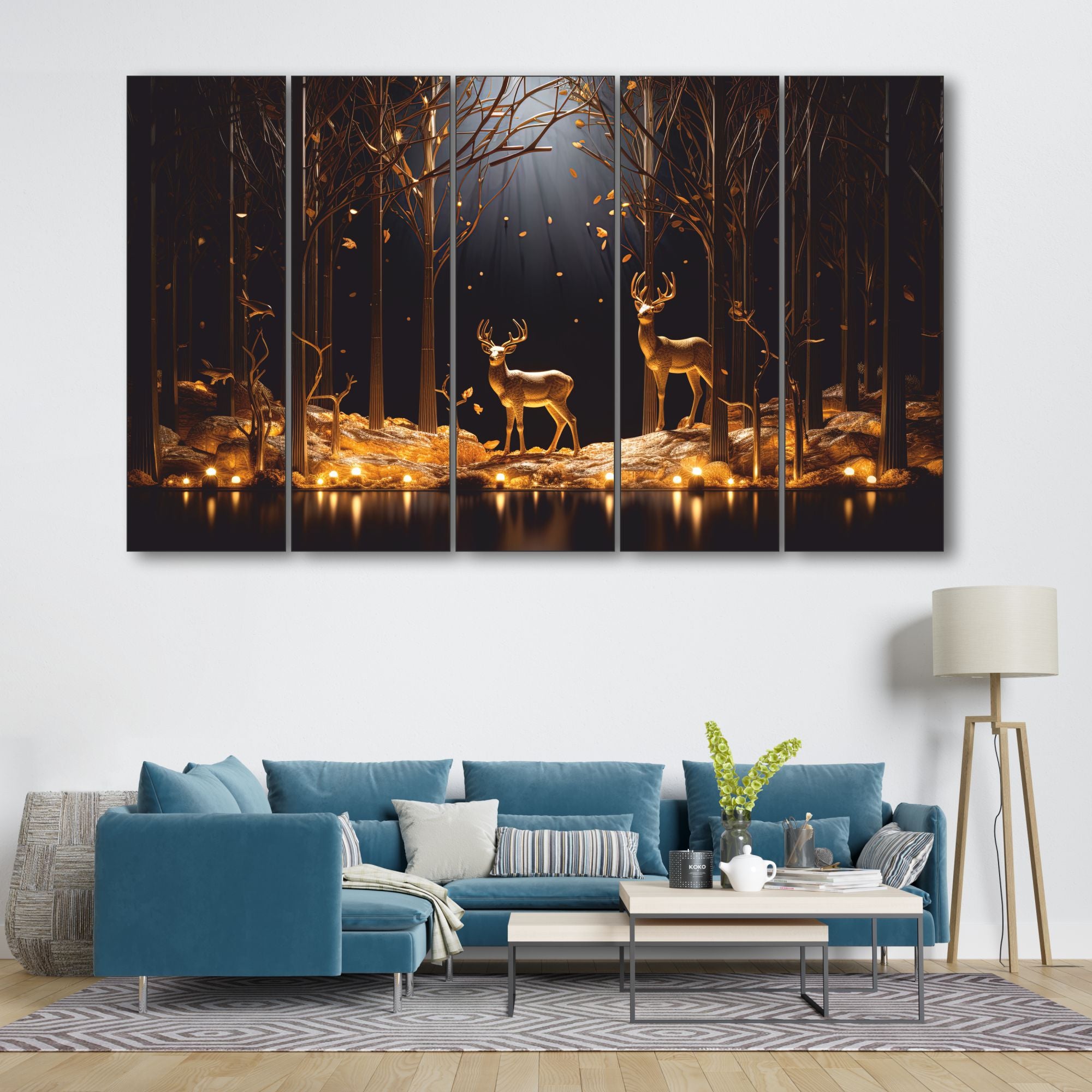 Black golden deer Set of 5 Big Size Multiple Frames Wall Art Painting for living room,Bedroom,Drawing room,Hotels-Wooden Framed-Digital Painting