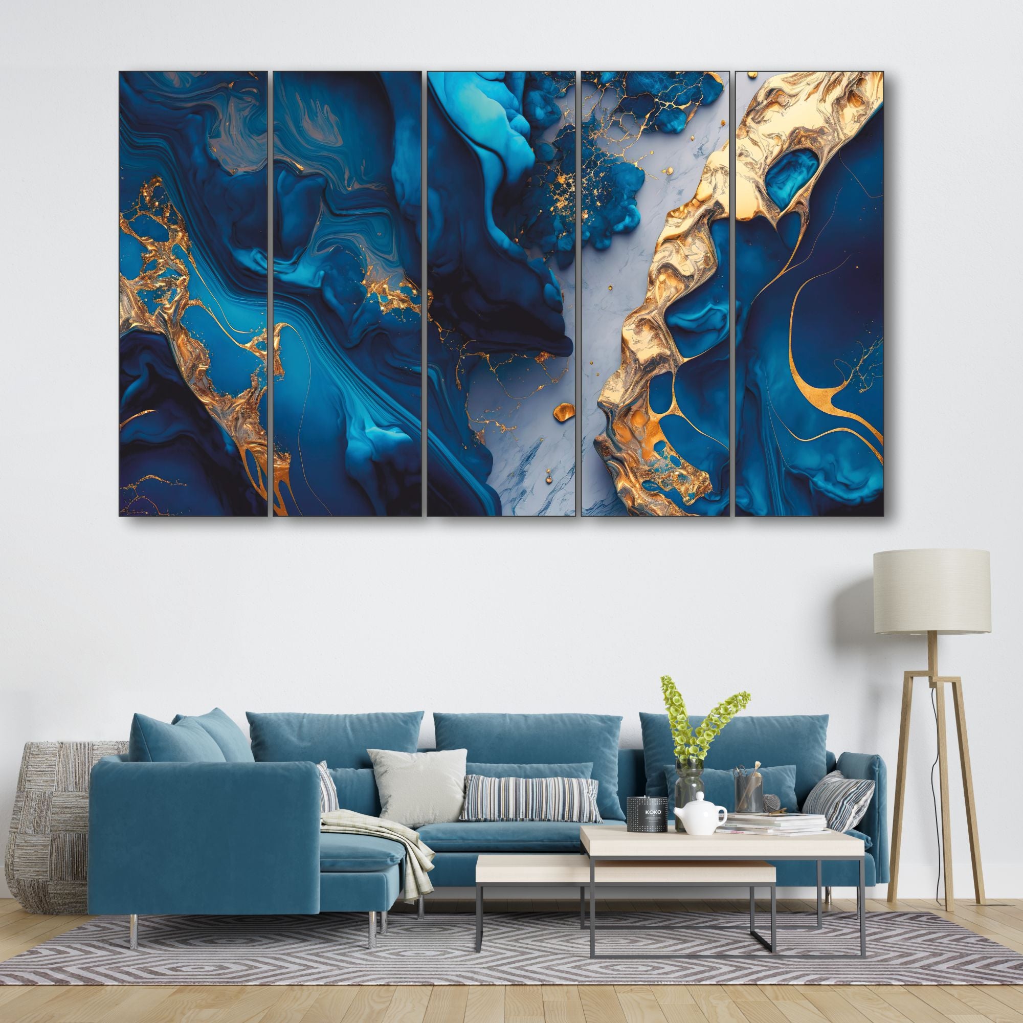 Blue Gold sparkle Set of 5 Big Size Multiple Frames Wall Art Painting for living room,Bedroom,Drawing room,Hotels-Wooden Framed-Digital Painting