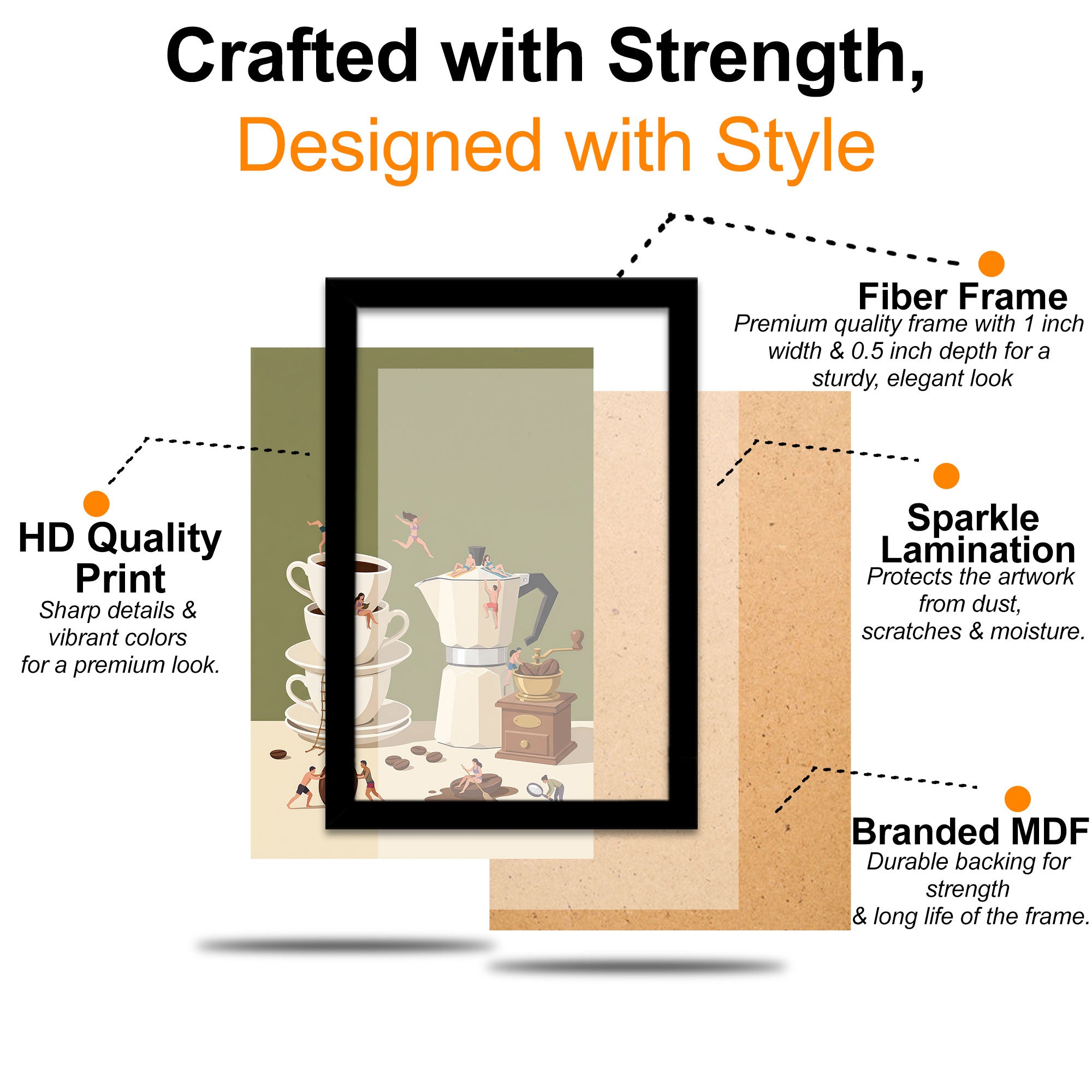 The Castle Decor Coffee Brewing Wall Art Frame | Kitchen Coffee Decor | Sparkle Finish MDF Painting with Premium Fiber Frame for Home, Café & Dining Area