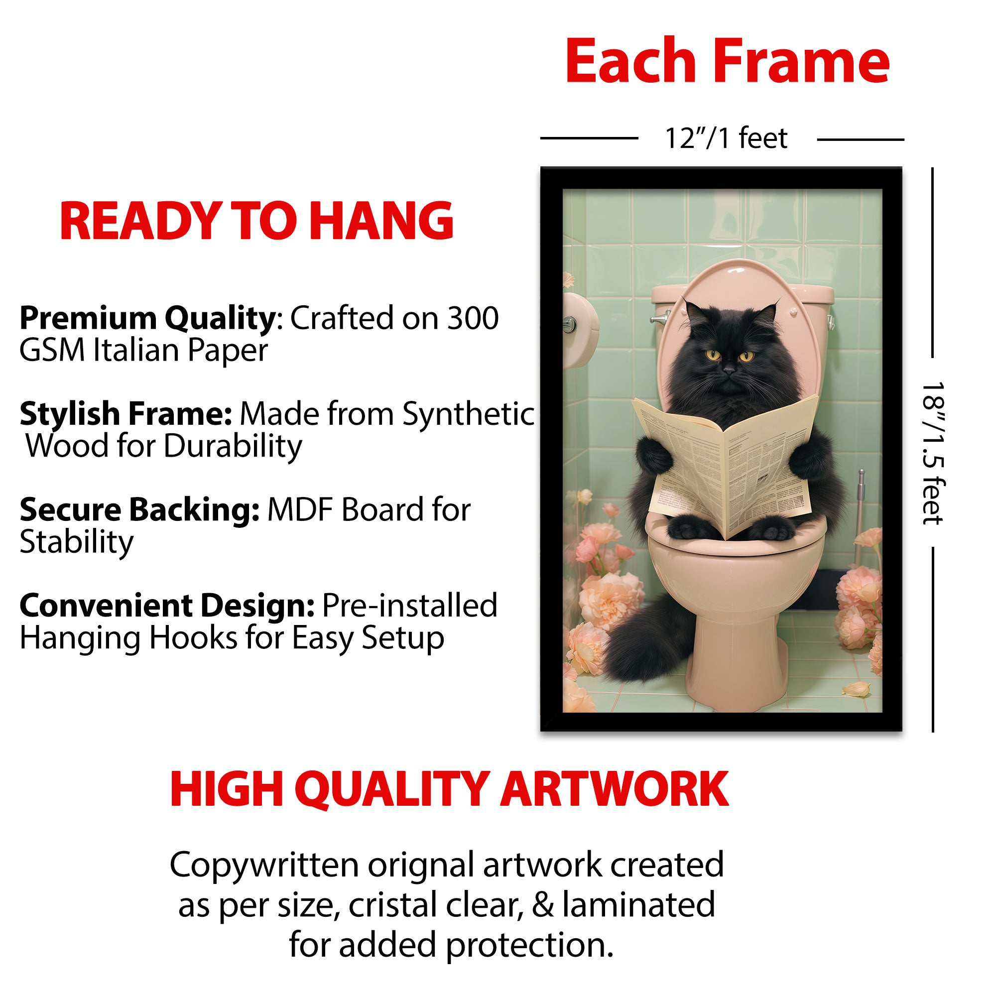 The Castle Decor Funny Black Cat Reading Newspaper on Toilet Framed Wall Art – Fluffy Persian Cat Bathroom Decor, Whimsical Animal Restroom Framed Poster, Humorous Gift for Cat Lovers