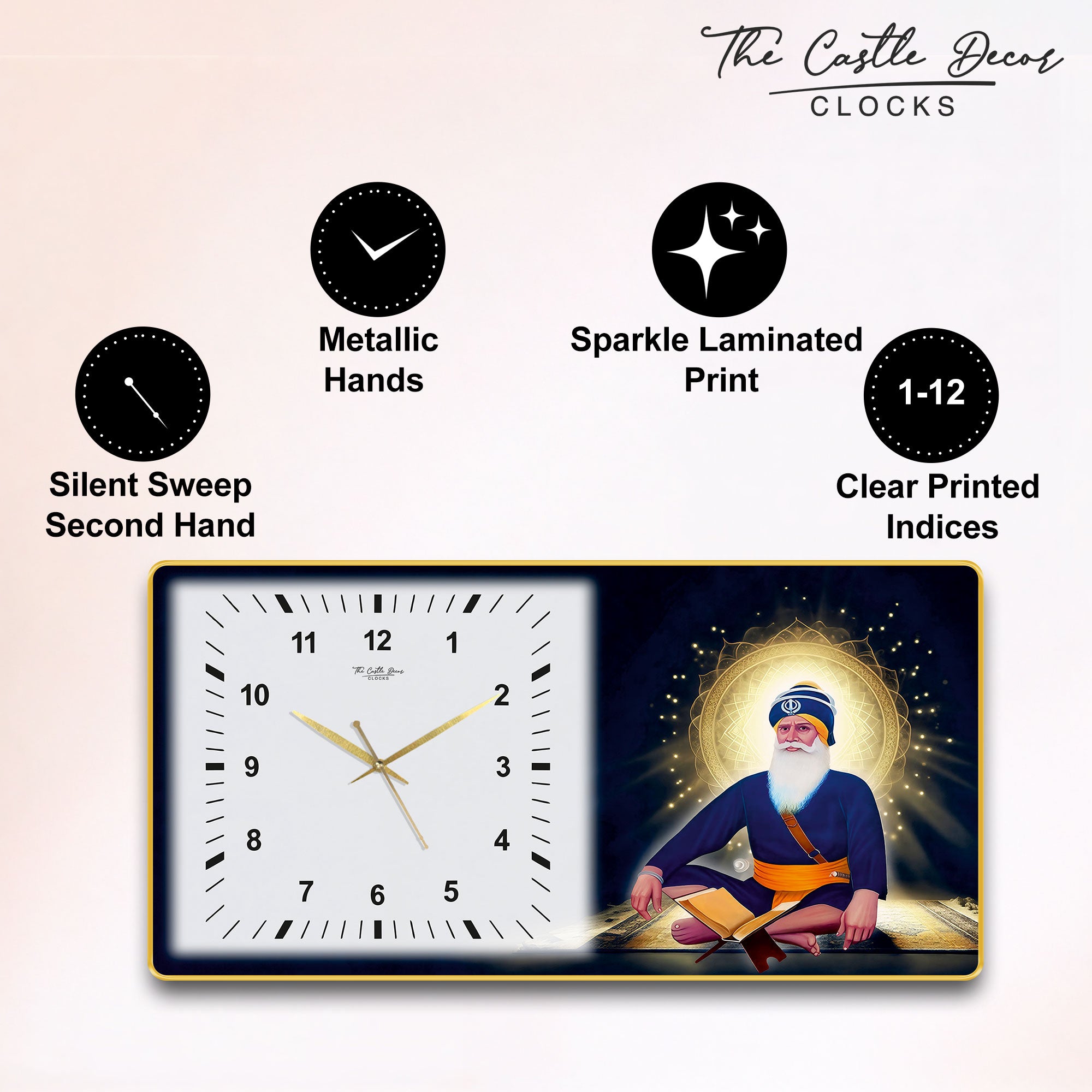 The Castle Decor Baba Deep Singh Ji Wall Clock 24x12 Inch, Silent Sweep Non-Ticking Decorative Clock with Golden Slim Frame
