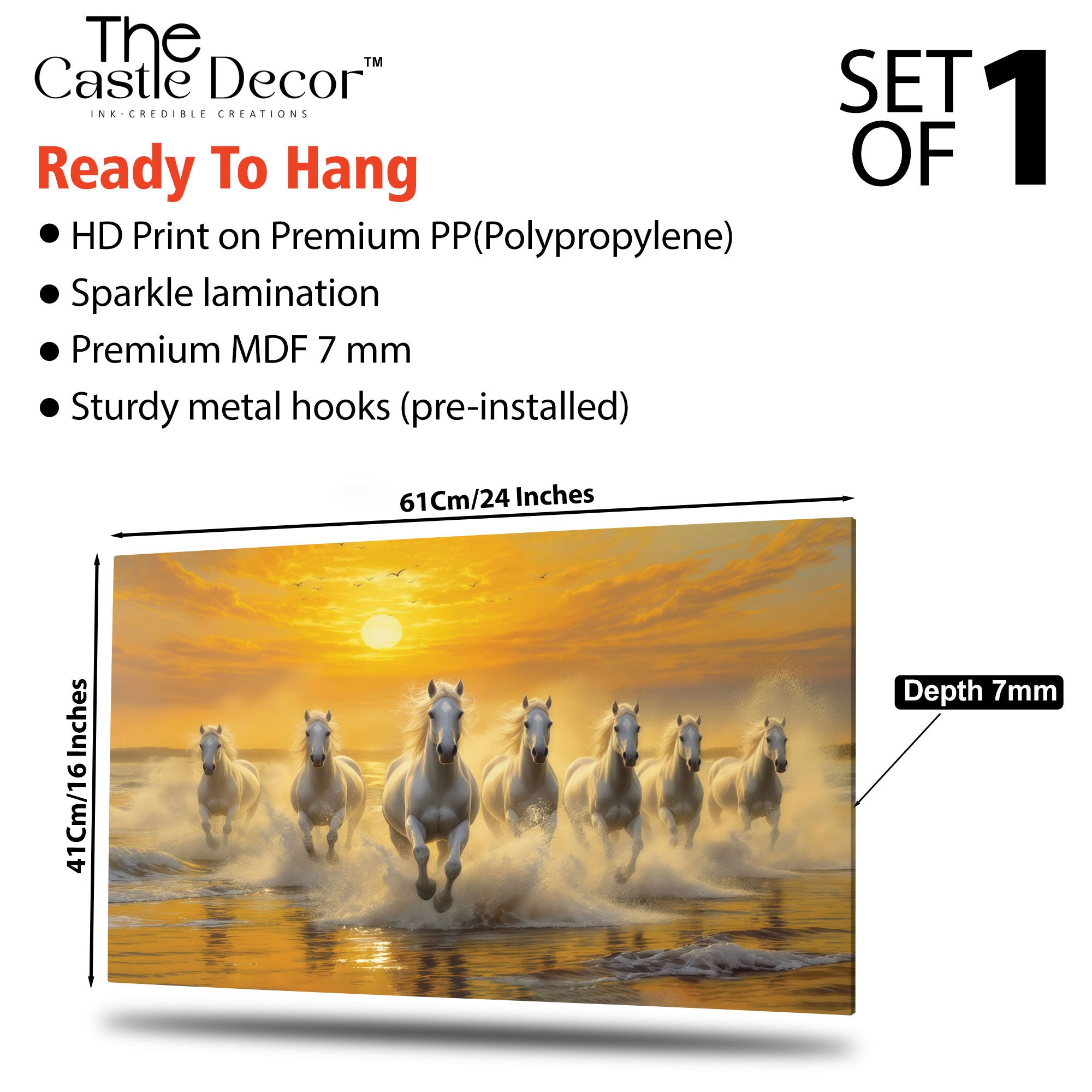 The Castle Decor 7 Running White Horses Wall Painting, Sunrise Sunset Theme, Vastu Wall Art for Living Room, Office, Bedroom Decor 16x24 1002