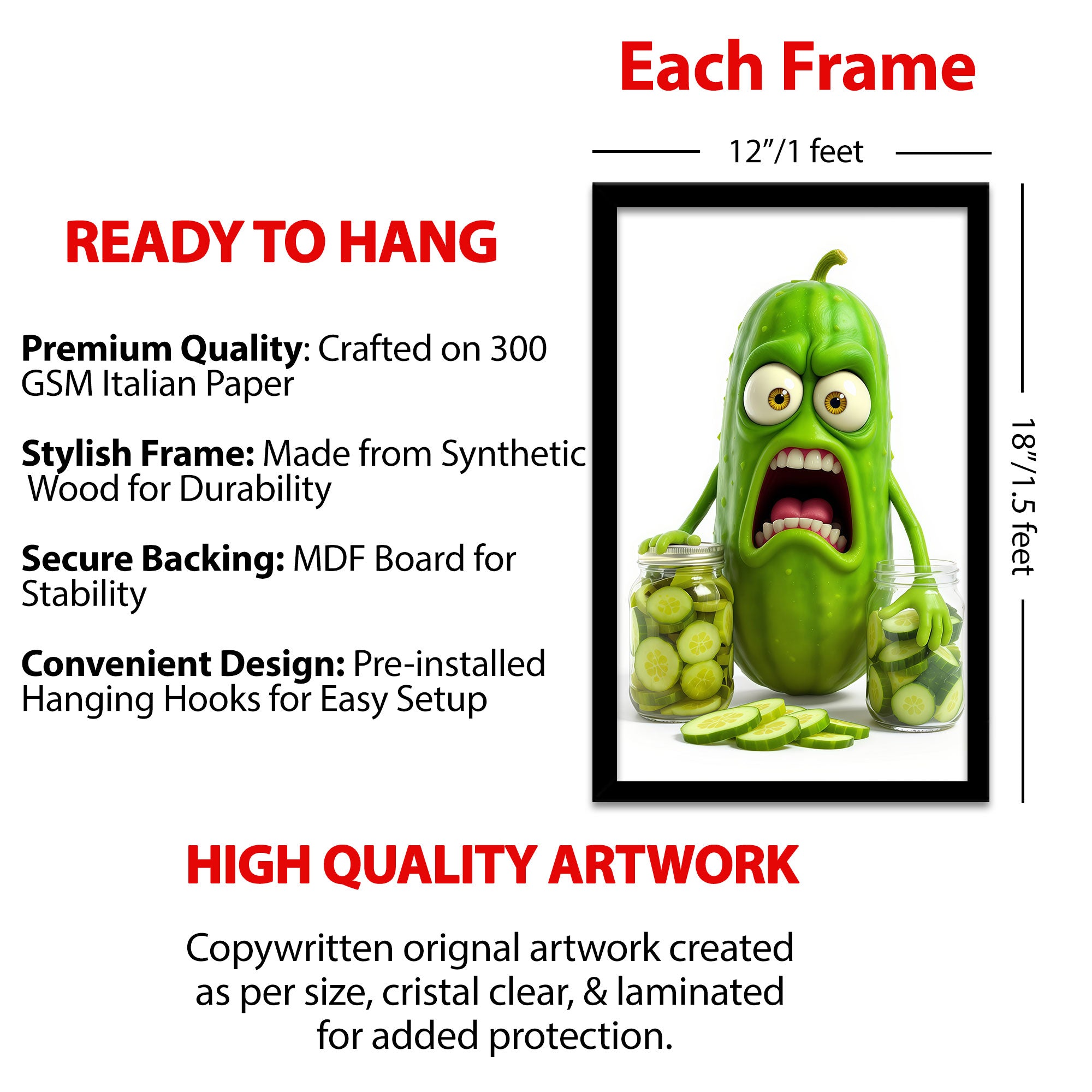 The Castle Decor Funny Kitchen Wall Art Set of 4 Frame | Cartoon Food Characters Decor | Sparkle Lamination Finish with Premium Fiber Frame for Kitchen & Café