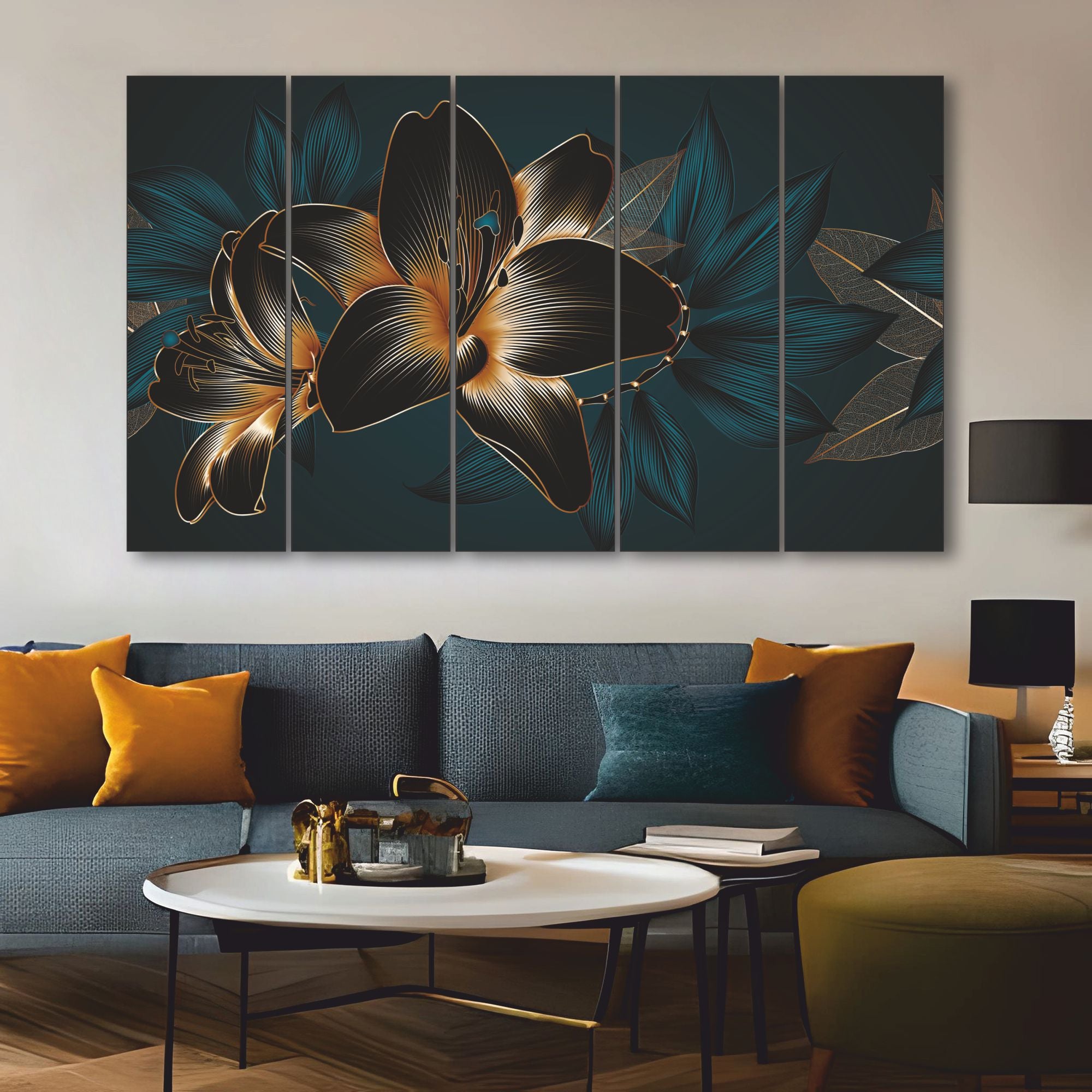 Black leaf flower Set of 5 Big Size Multiple Frames Wall Art Painting for living room,Bedroom,Drawing room,Hotels-Wooden Framed-Digital Painting