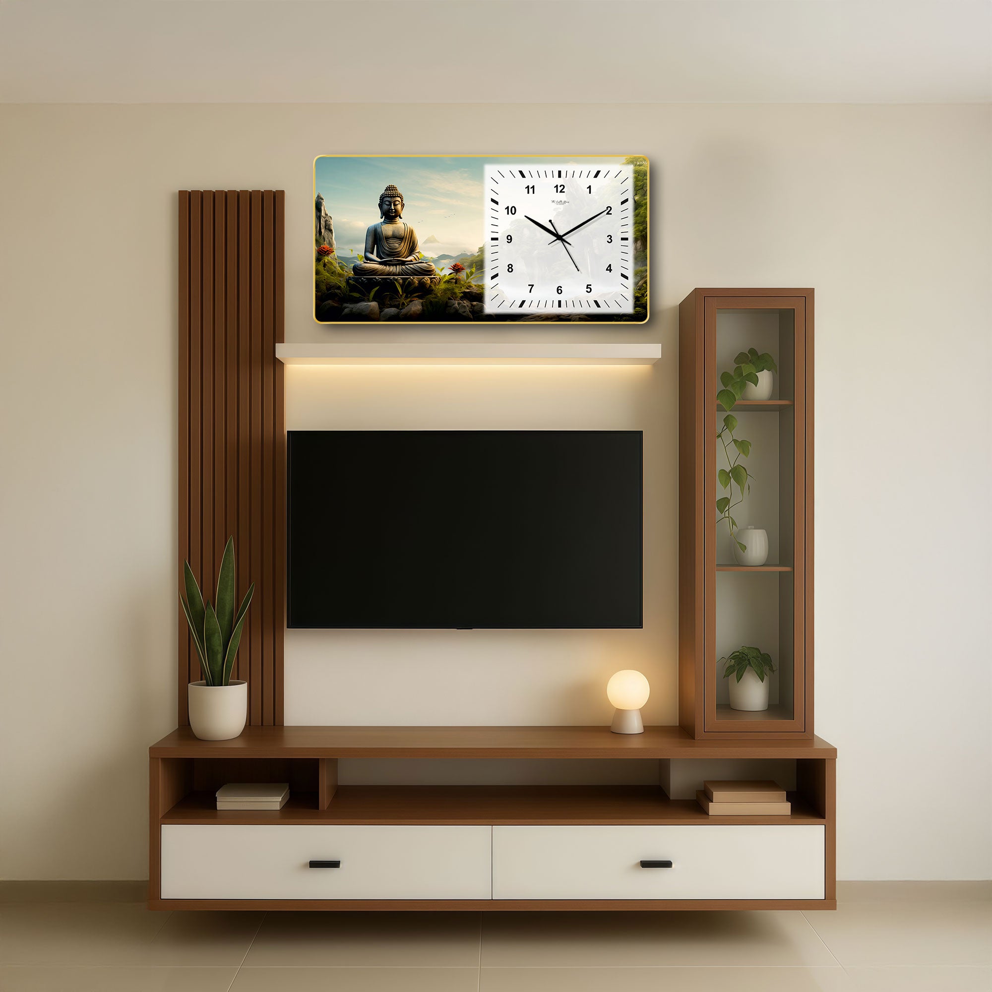 The Castle Decor Buddha Meditation Decorative Wall Clock 24x12 Inch, Silent Sweep Non-Ticking Modern Wall Clock with Golden Slim Frame