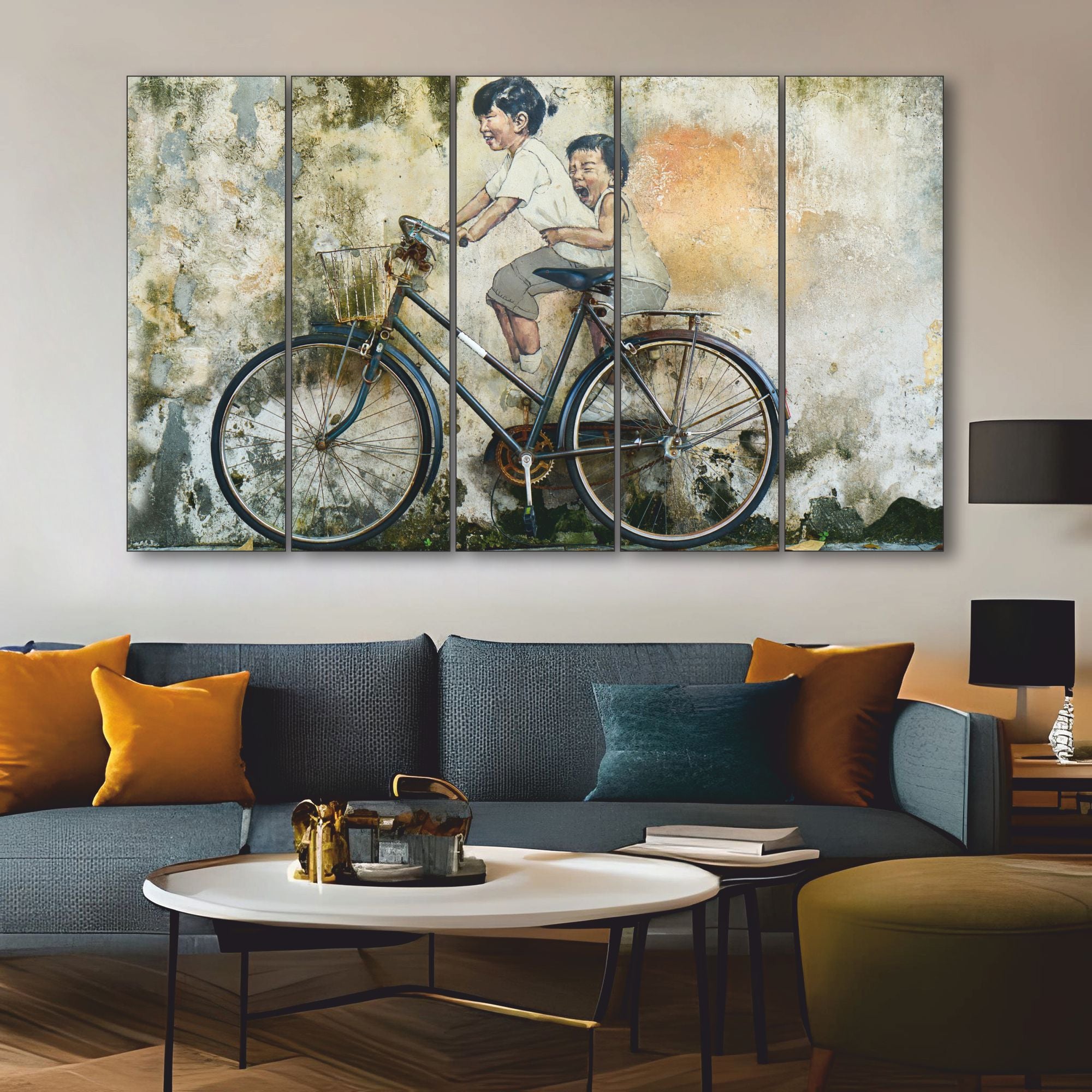 Beautiful Modern art riding bicycle Set of 5 Big Size Multiple Frames Wall Art Painting for living room,Bedroom,Drawing room,Hotels-Wooden Framed-Digital Painting