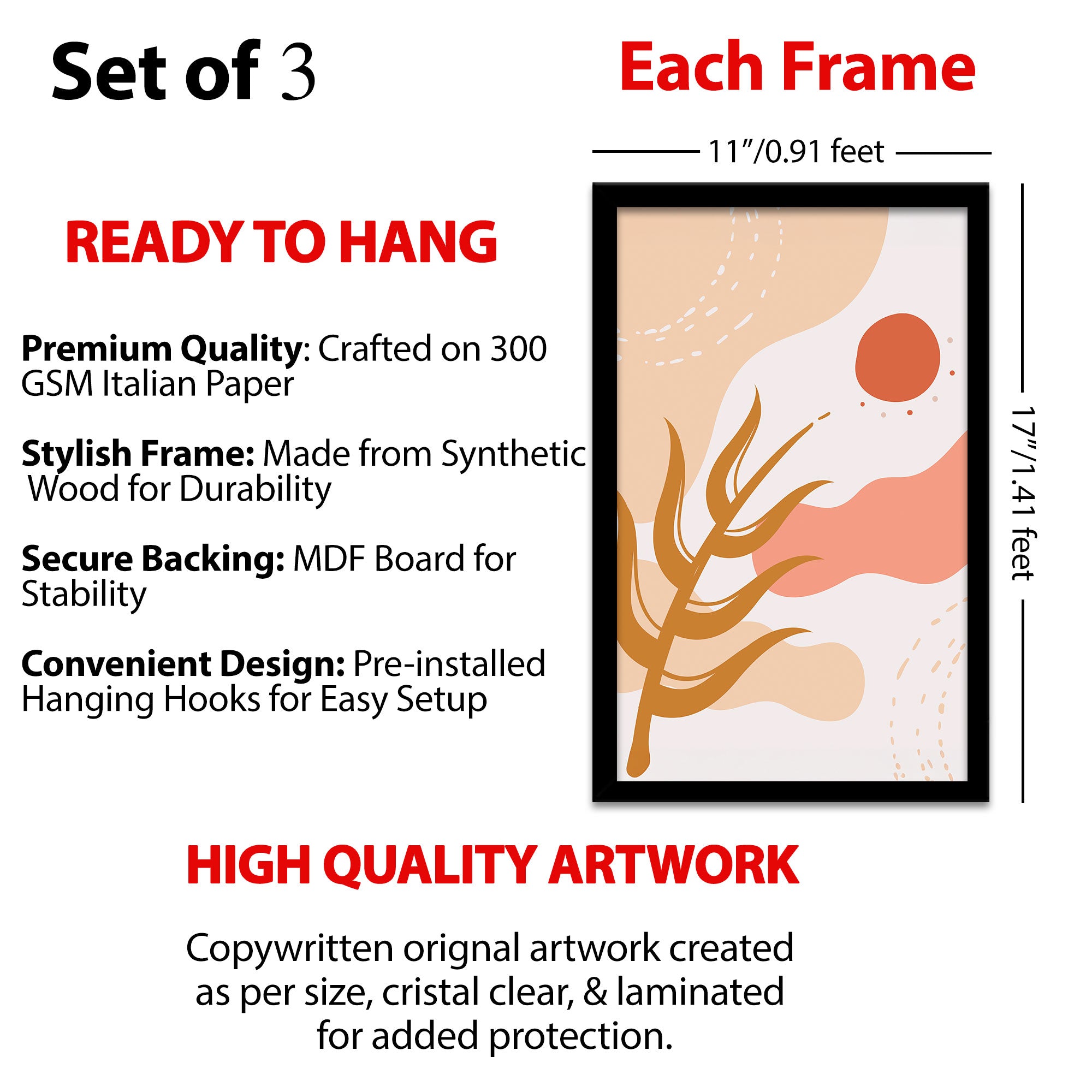 The Castle Decor Boho Wall Art for Living Room Big Size | Framed Abstract Botanical Paintings for Living Room & Bedroom | Modern Home Decoration & Perfect Gifting Option | Set of 3 (11×17 Inch Each) -8