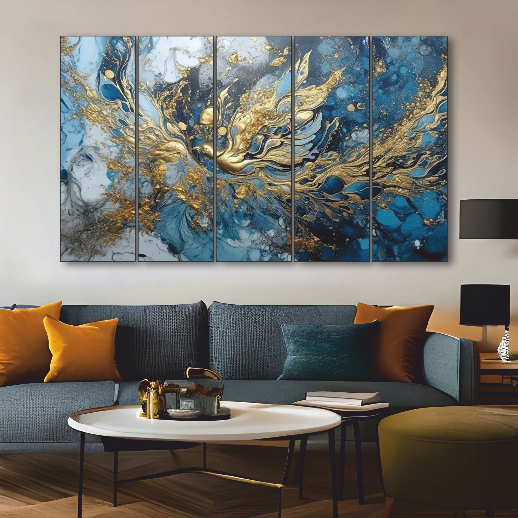 Abstract golden blue Set of 5 Big Size Multiple Frames Wall Art Painting for living room,Bedroom,Drawing room,Hotels-Wooden Framed-Digital Painting