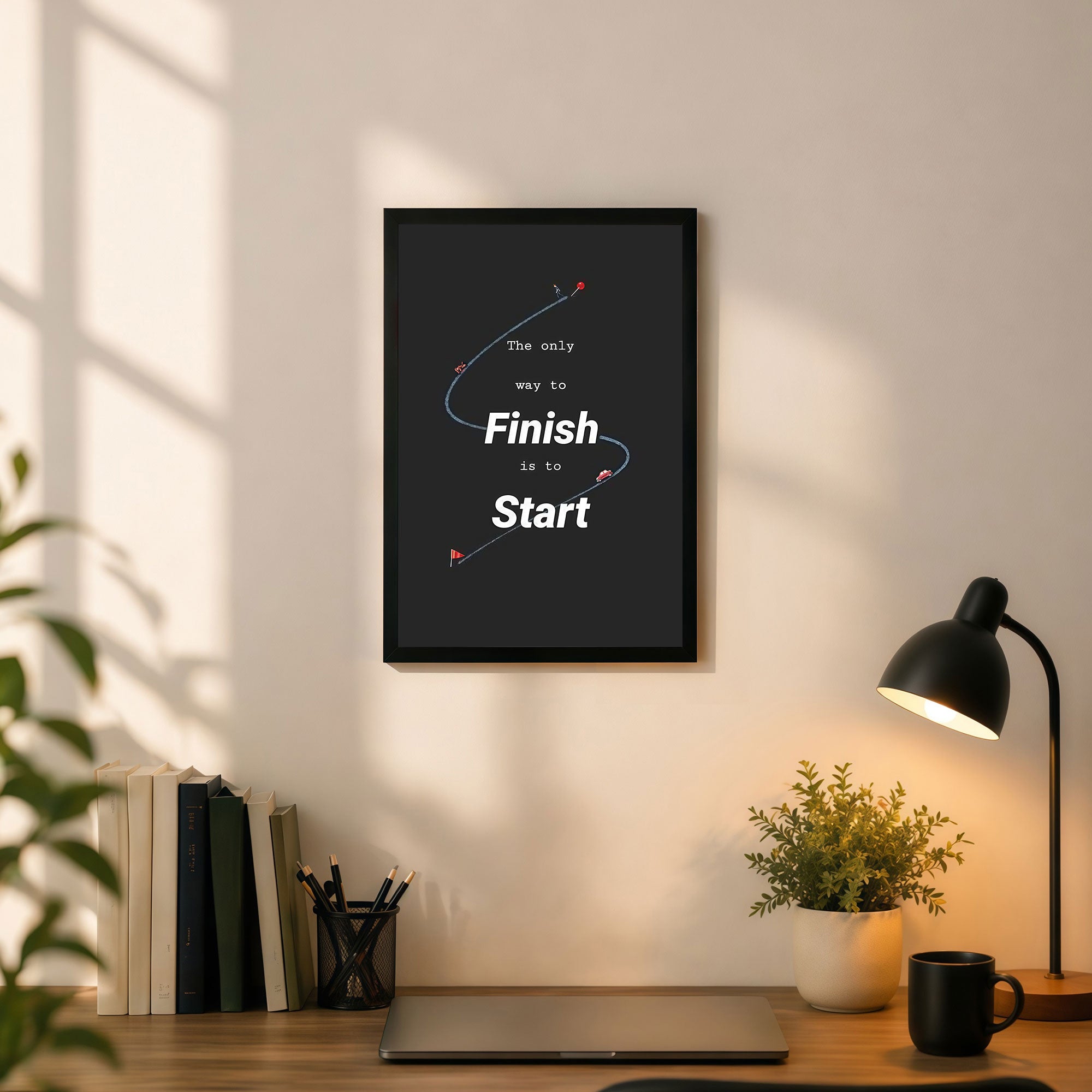The Castle Decor Motivational Wall Art “The Only Way to Finish is to Start” Frame | Success Quote Poster for Office, Study Room, Gym | Premium HD Print with Sparkle Finish