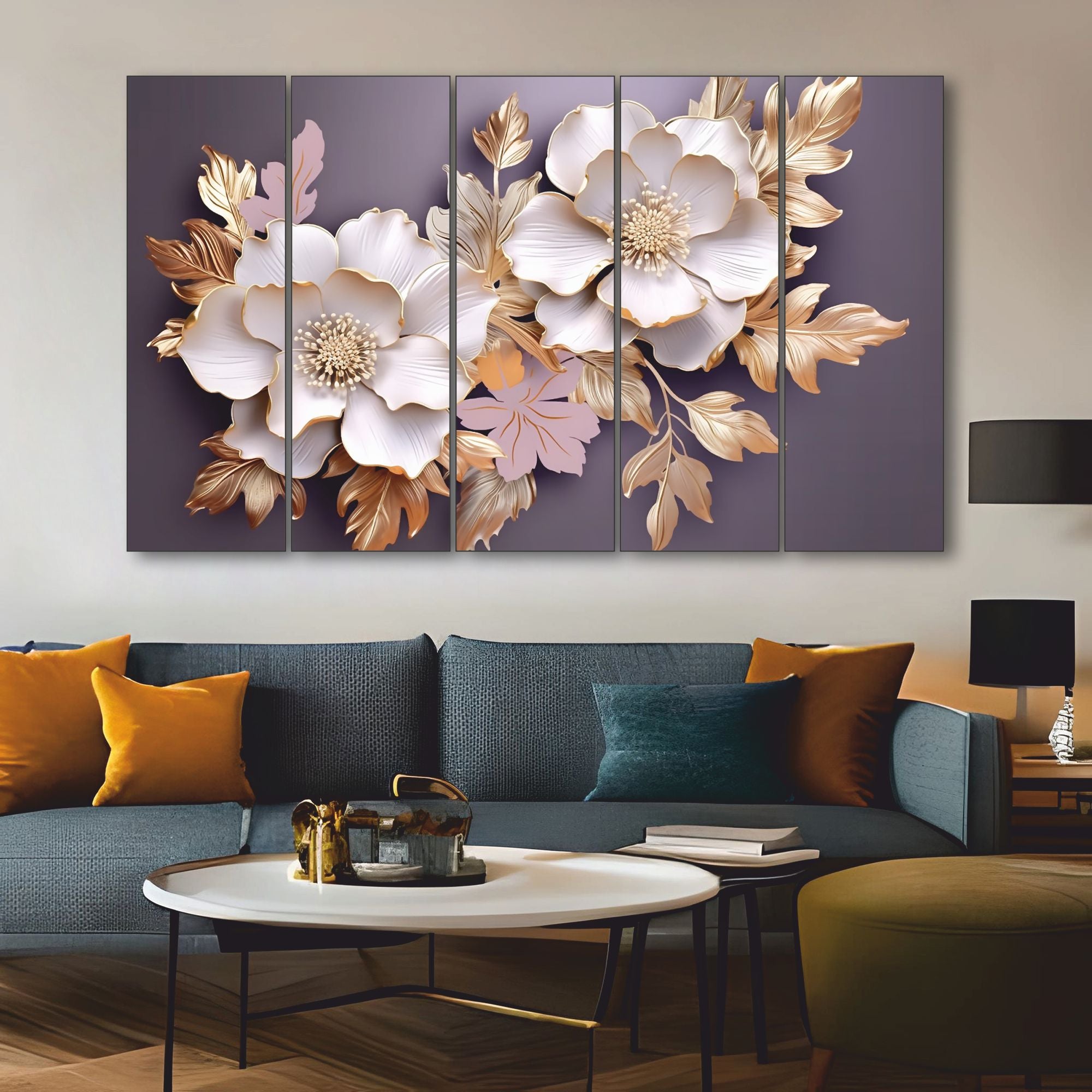 Floral Set of 5 Big Size Multiple Frames Wall Art Painting for living room,Bedroom,Drawing room,Hotels-Wooden Framed-Digital Painting