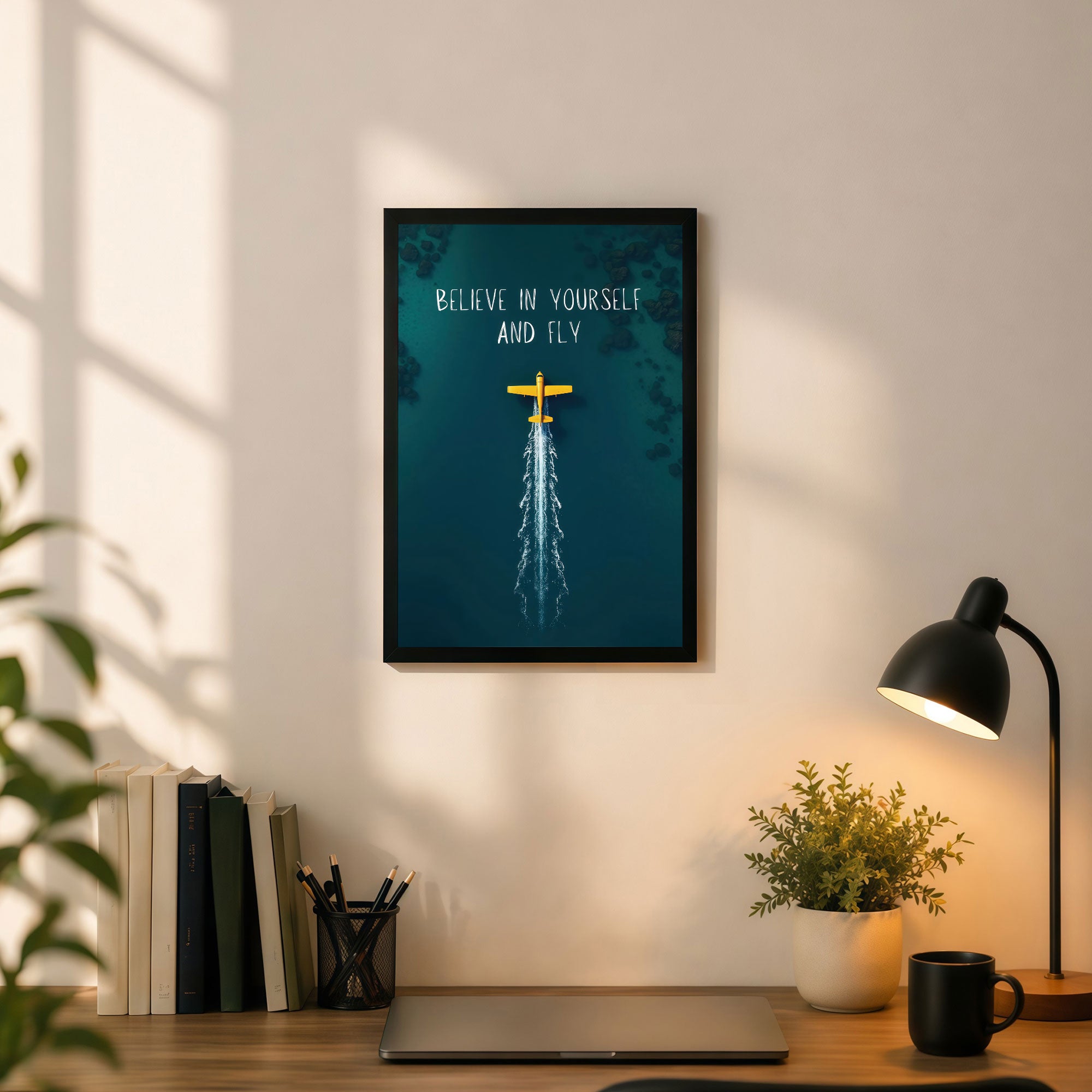 The Castle Decor Believe in Yourself Wall Art Frame | Motivational Quote Poster with Airplane Design for Office, Bedroom & Study Room Decor