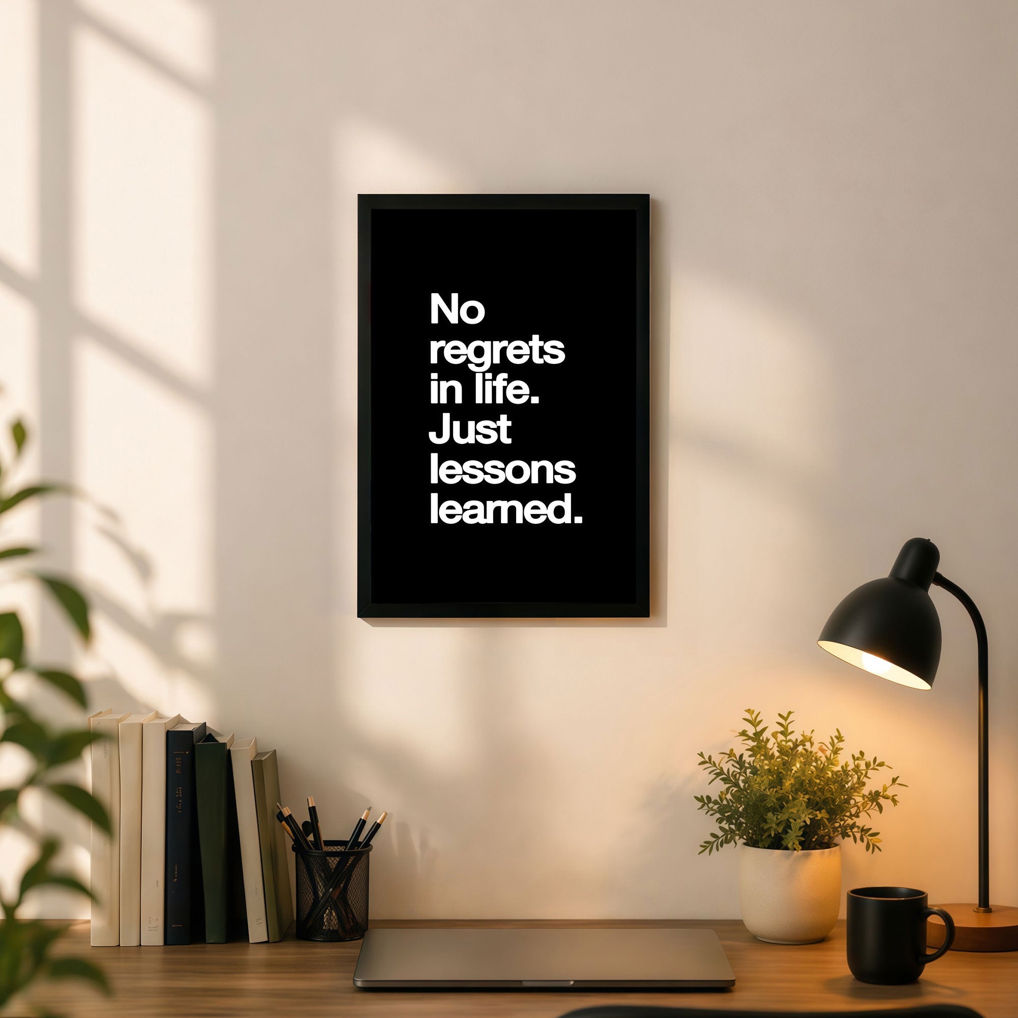 The Castle Decor No Regrets in Life Just Lessons Learned Wall Art Frame | Positive Mindset Motivational Poster for Office, Bedroom | Minimal Typography HD Print