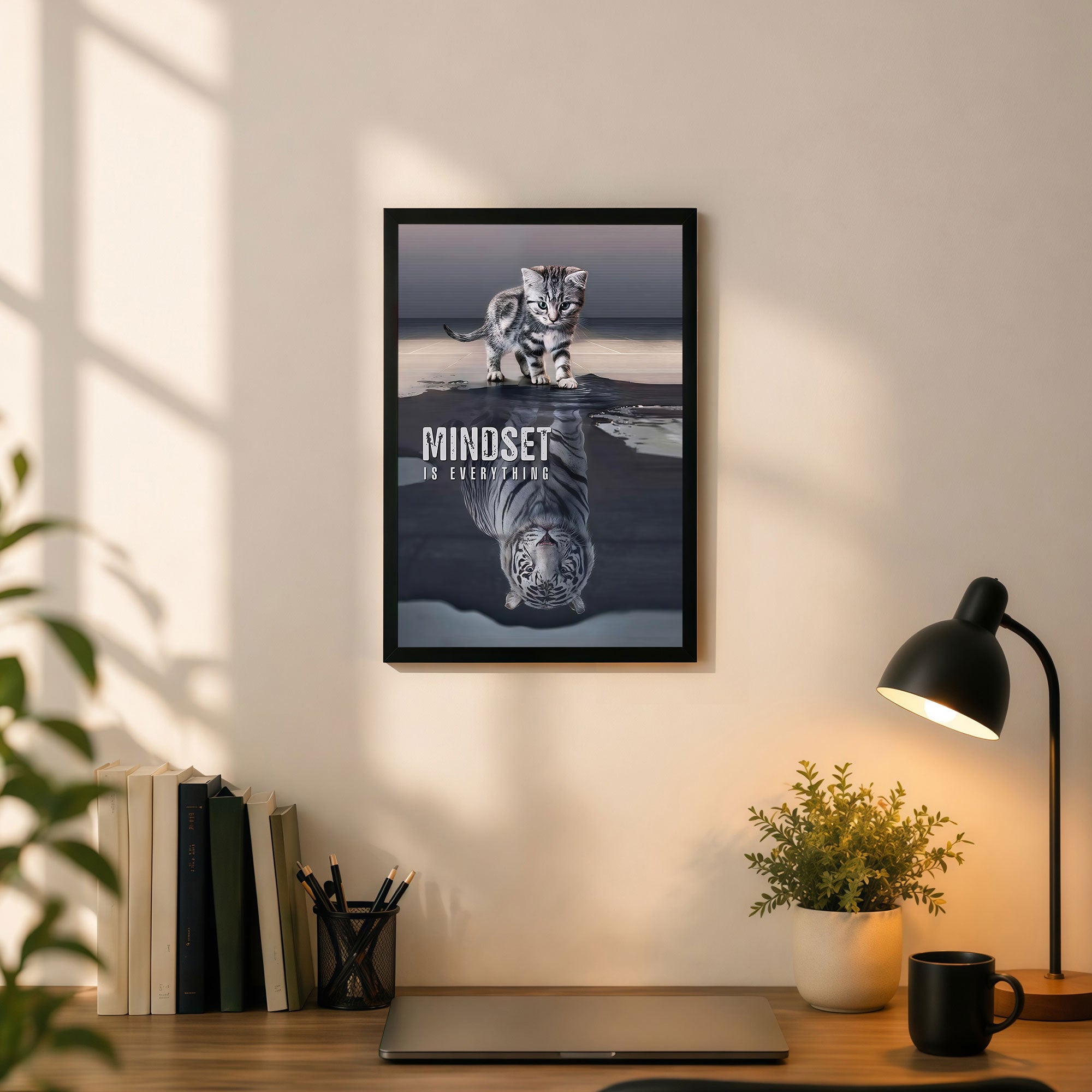 The Castle Decor Mindset Is Everything Wall Art Frame | Inspirational Tiger Reflection Motivational Decor for Home & Office