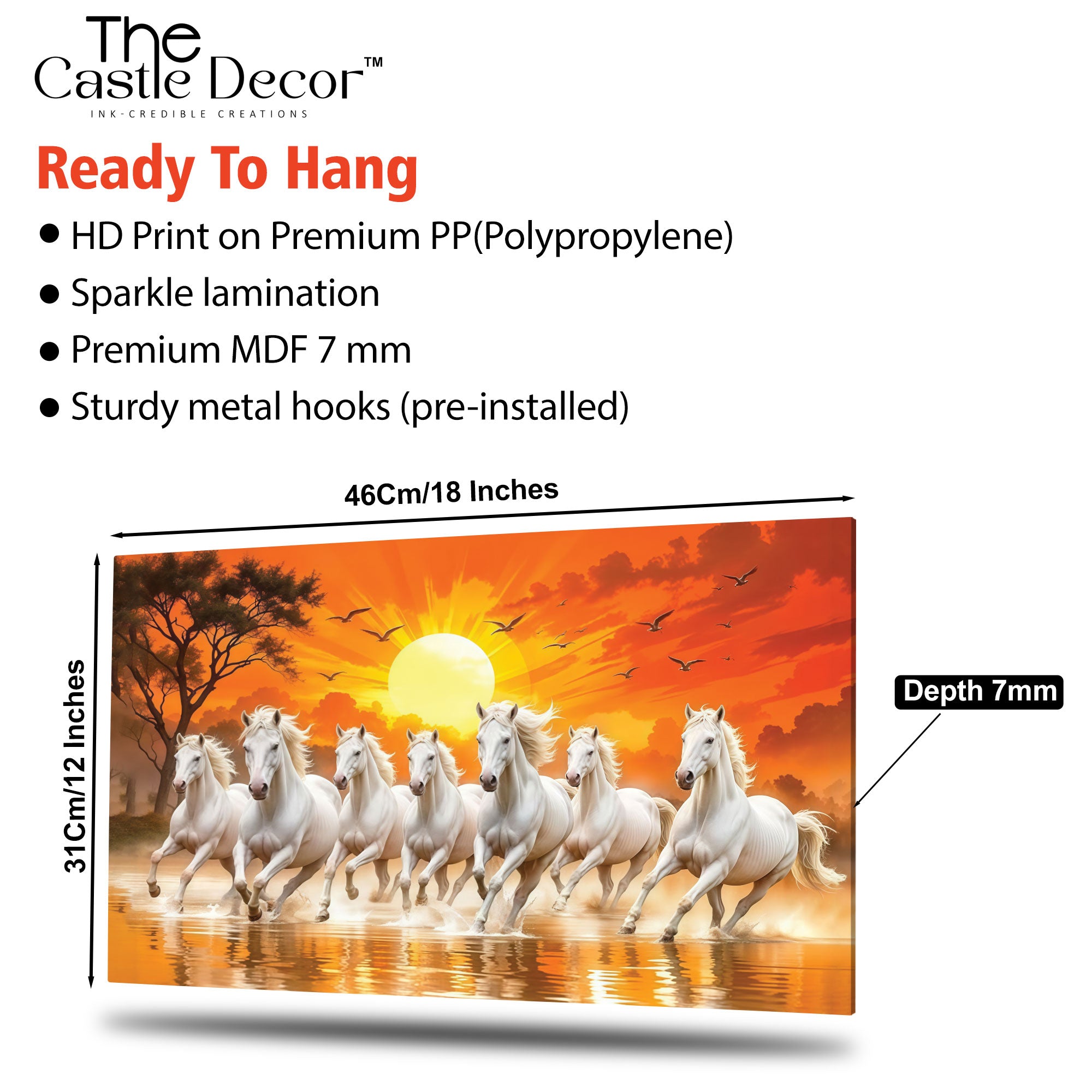 The Castle Decor 7 Running White Horses Wall Painting, Sunrise Sunset Theme, Vastu Wall Art for Living Room, Office, Bedroom Decor 12x18 inch 1001