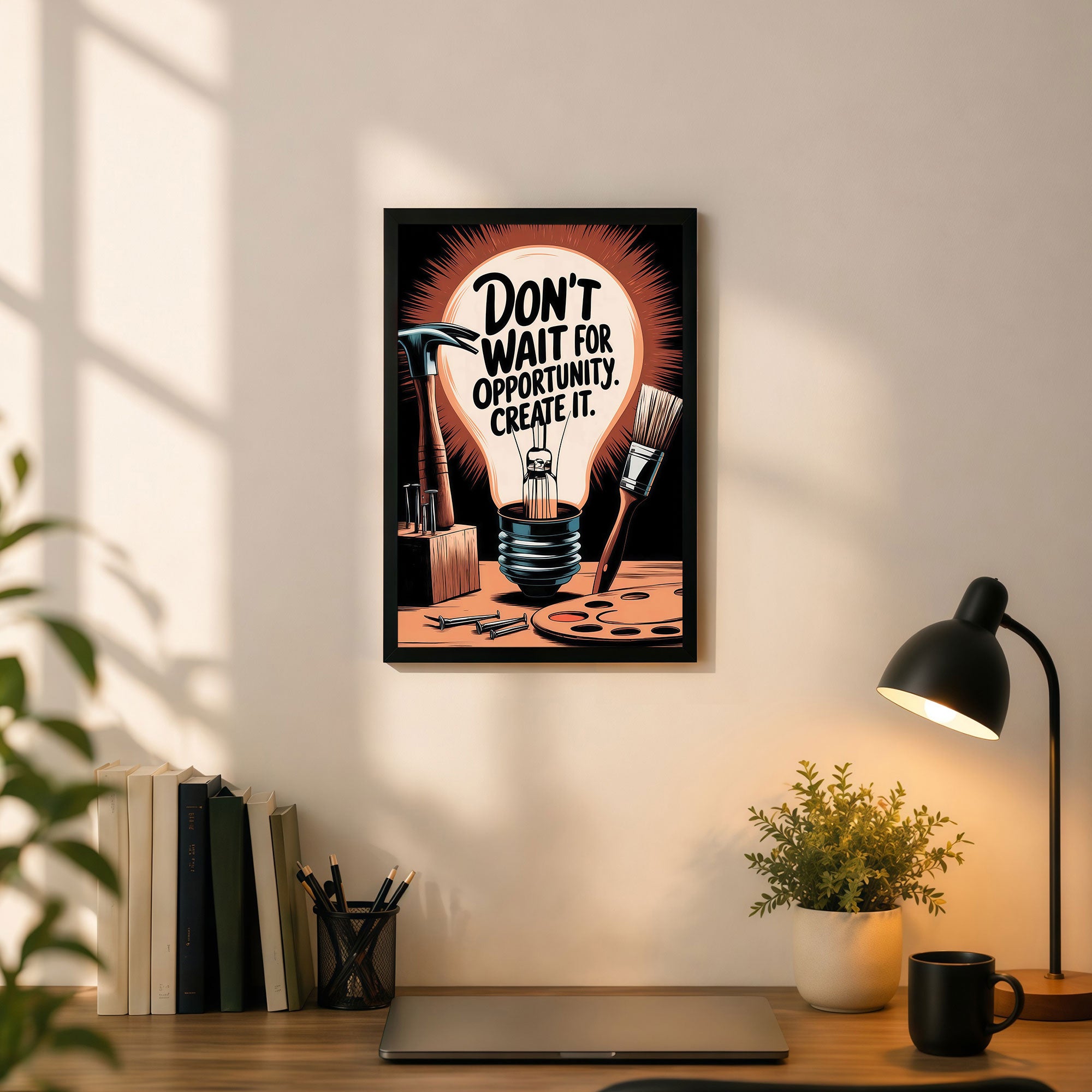The Castle Decor Don’t Wait For Opportunity Create It Wall Art Frame | Inspirational Motivational Quote Wall Decor for Office & Home