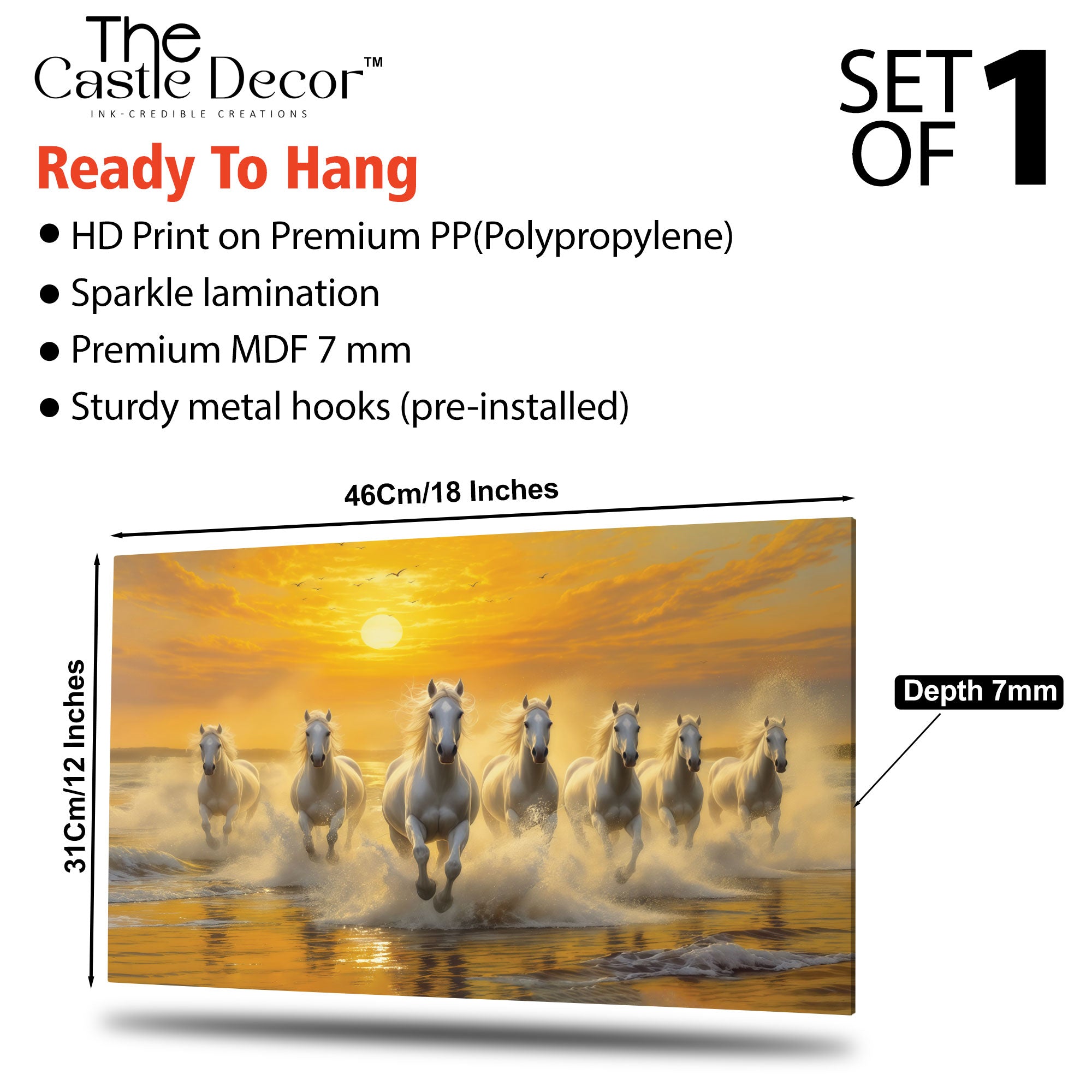 The Castle Decor 7 Running White Horses Wall Painting, Sunrise Sunset Theme, Vastu Wall Art for Living Room, Office, Bedroom Decor 12x18 inch 1002