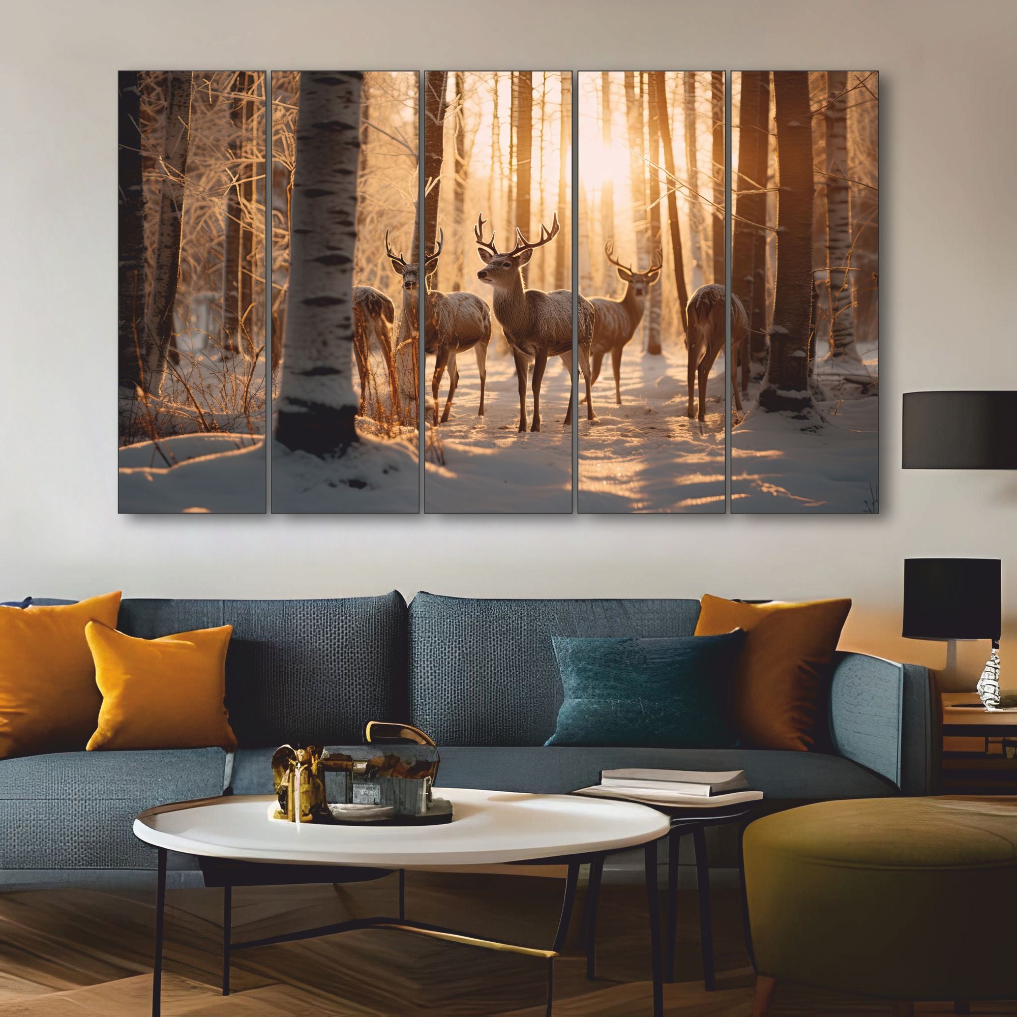 5 Reindeer Autumn Jungle Sunrise Set of 5 Big Size Multiple Frames Wall Art Painting for living room,Bedroom,Drawing room,Hotels-Wooden Framed-Digital Painting