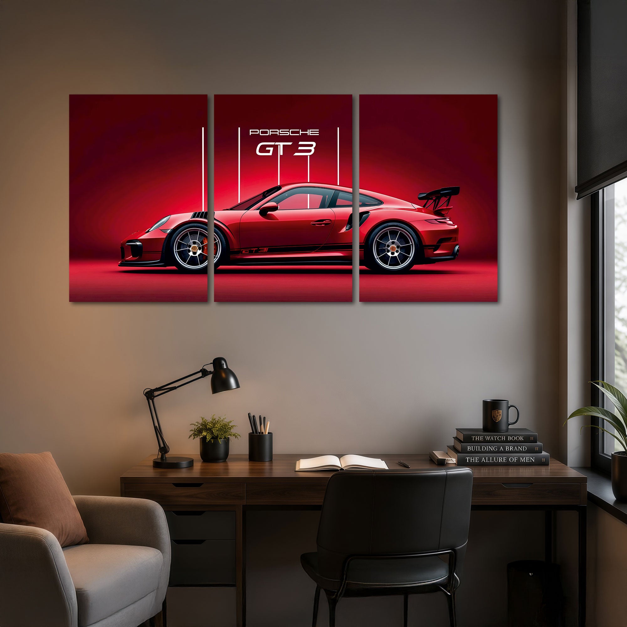 The Castle Decor Porsche GT3 Wall Art 3 Panel Painting Red Sports Car Poster Luxury Supercar Wall Decor for Bedroom Gaming Room Office Living Room