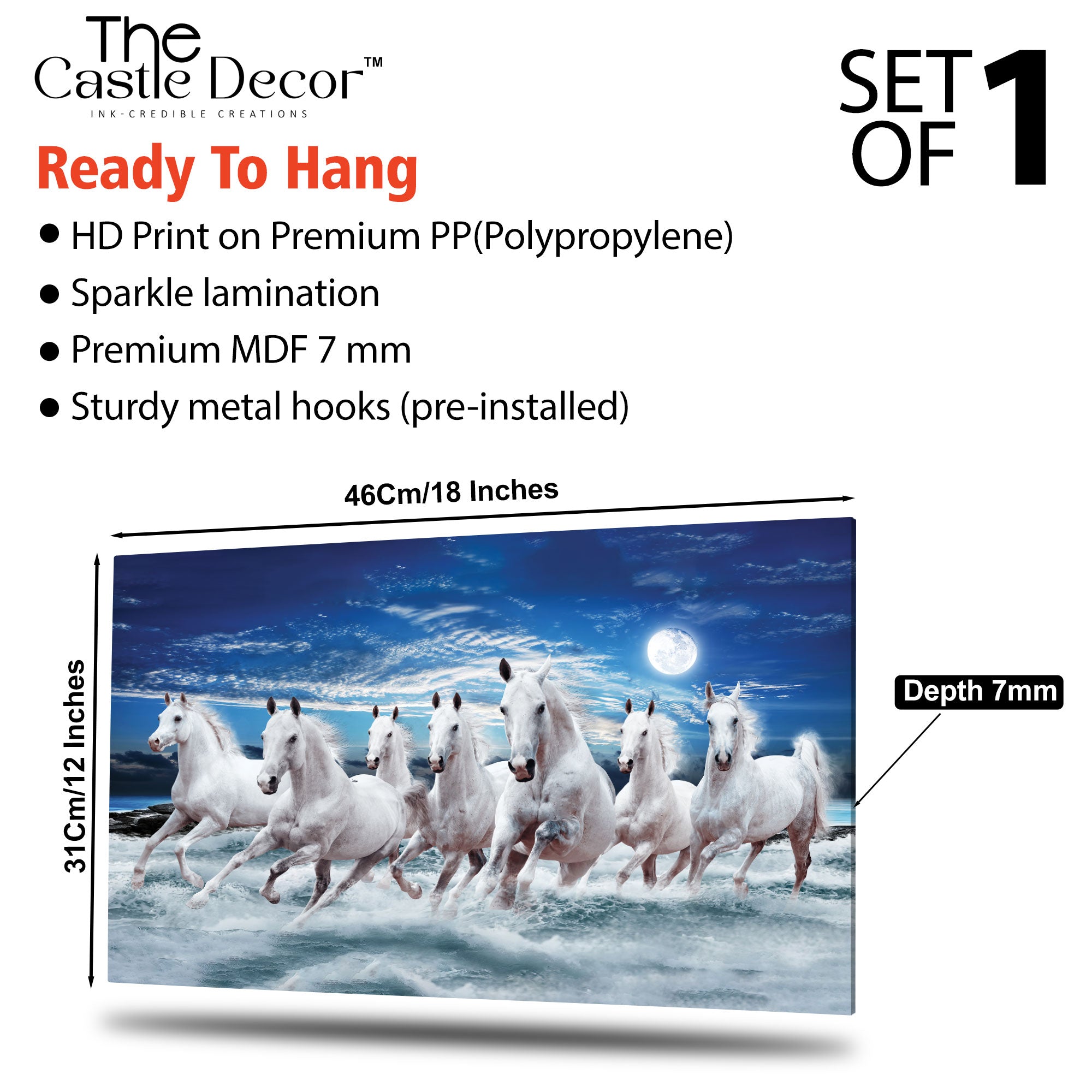 The Castle Decor 7 Running White Horses Wall Painting, Sunrise Sunset Theme, Vastu Wall Art for Living Room, Office, Bedroom Decor 12x18 inch 1006