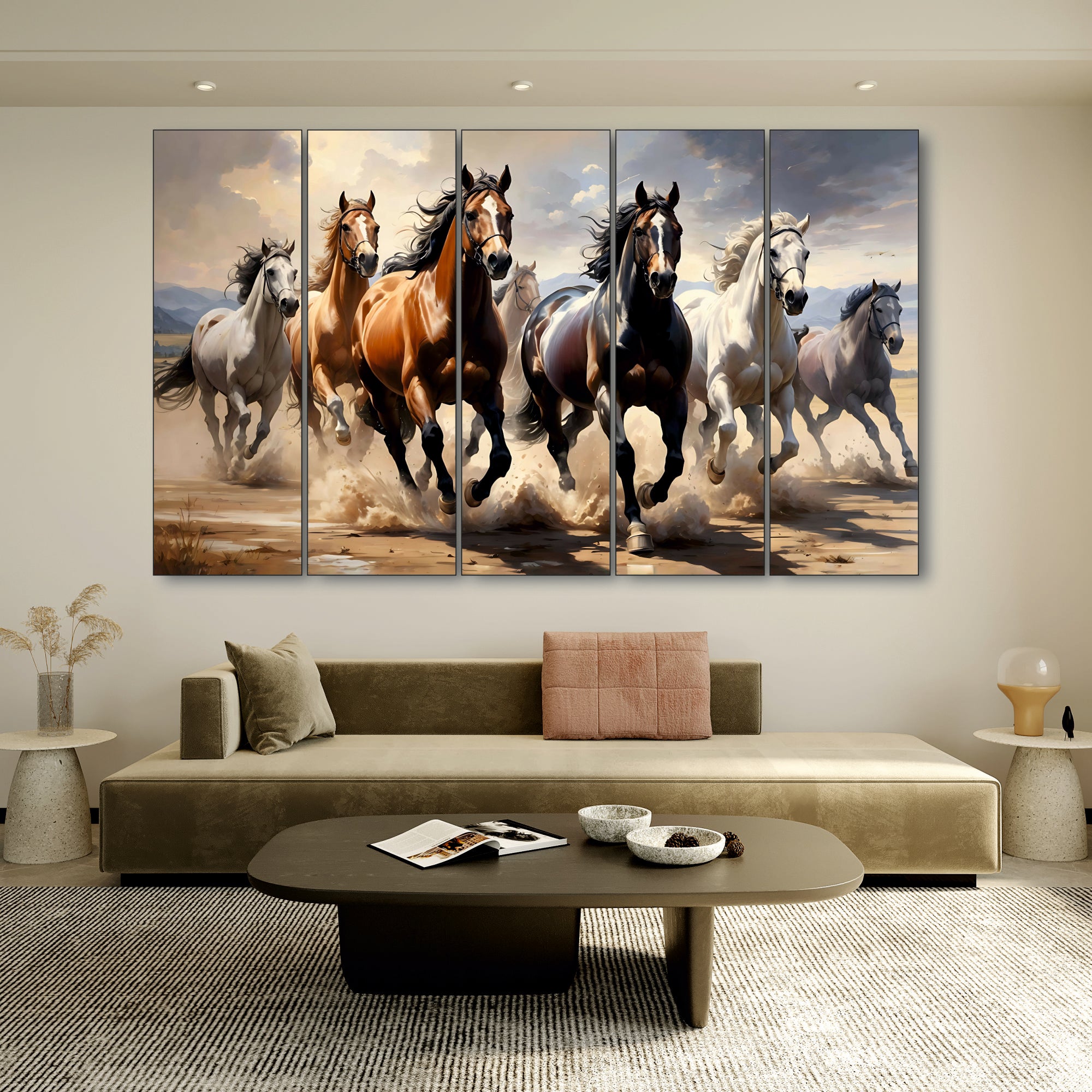 7 running horses Set of 5 Big Size Multiple Frames Wall Art Painting for living room,Bedroom,Drawing room,Hotels-Wooden Framed-Digital Painting