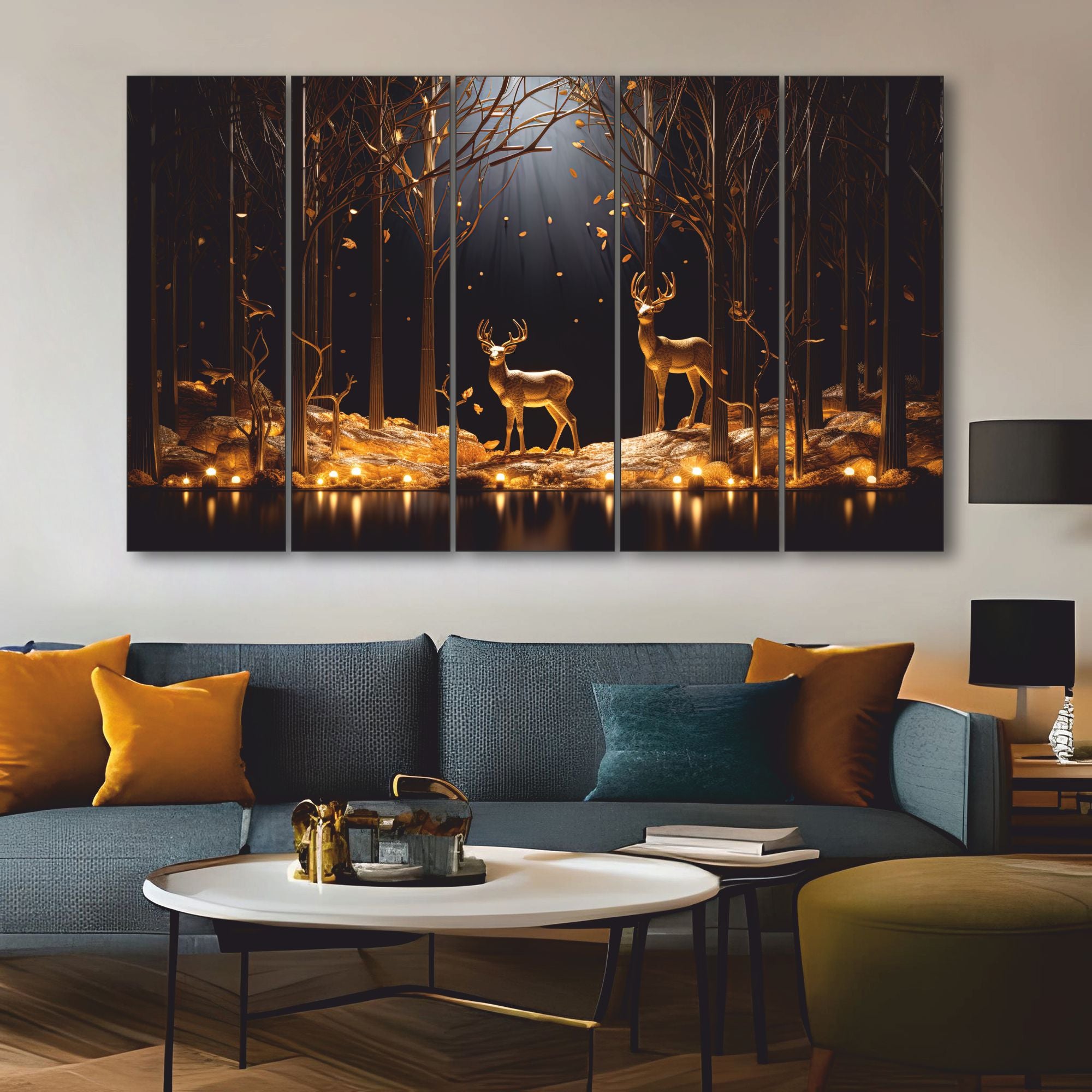 Black golden deer Set of 5 Big Size Multiple Frames Wall Art Painting for living room,Bedroom,Drawing room,Hotels-Wooden Framed-Digital Painting