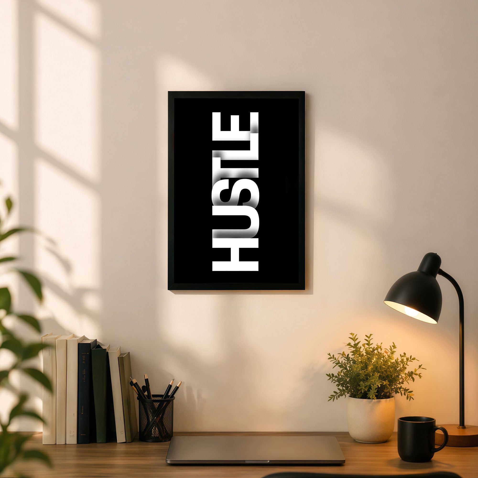 The Castle Decor Hustle Motivational Wall Art Frame | Bold Typography Poster for Gym, Office, Study Room | Black Minimal Inspirational Wall Décor HD Print