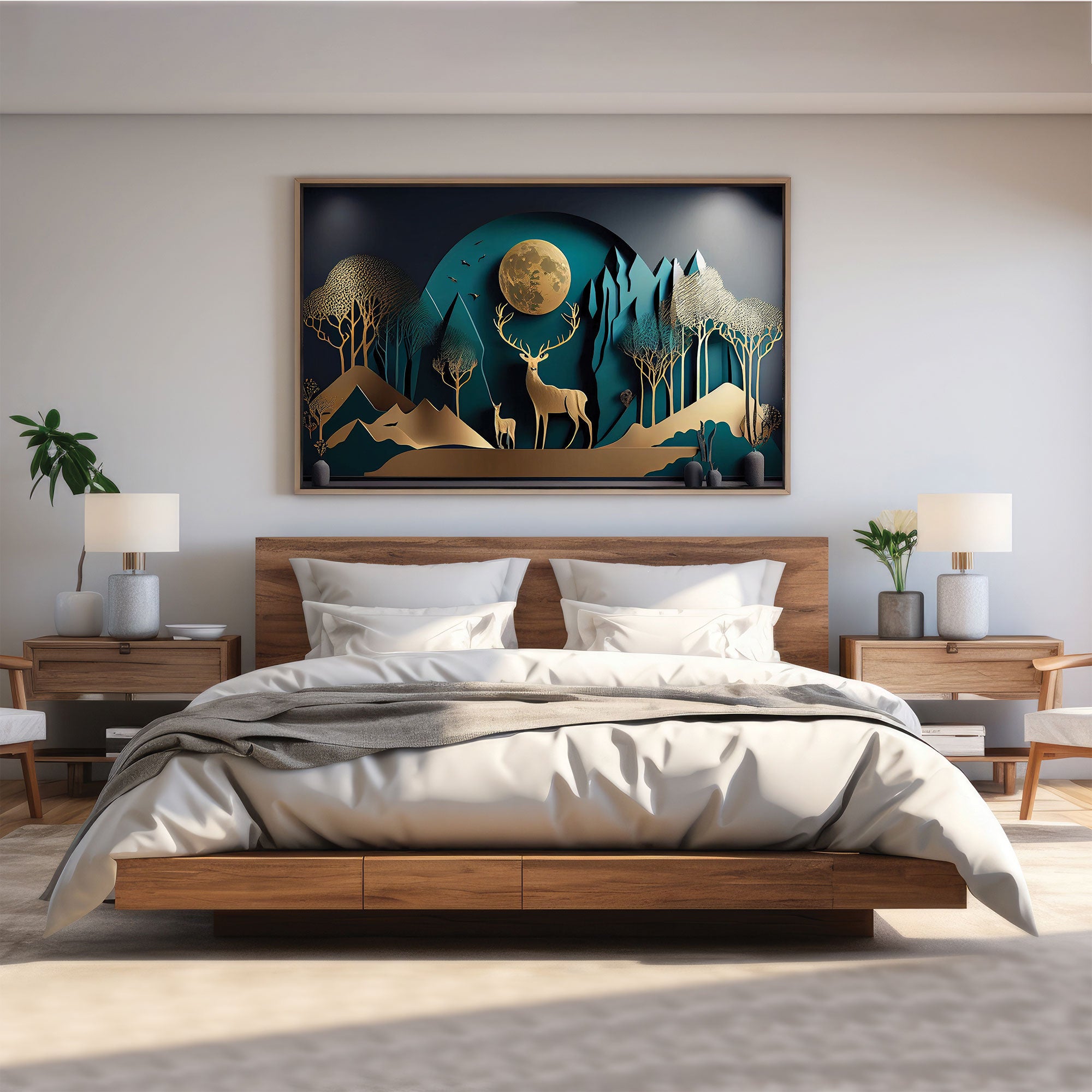 Golden deer Canvas painting with frame Big Size Wall Art for living room,Bedroom,Drawing room,Hotels