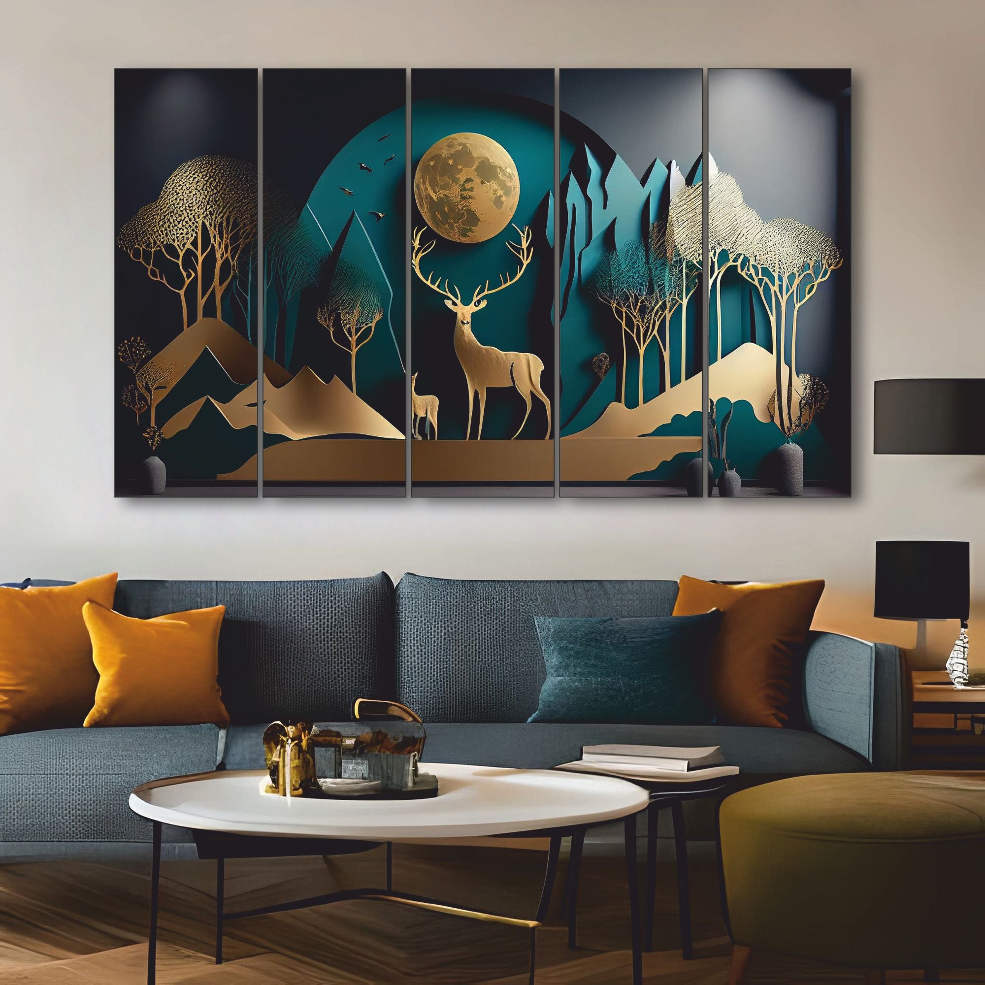 Golden deer nature Set of 5 Big Size Multiple Frames Wall Art Painting for living room,Bedroom,Drawing room,Hotels-Wooden Framed-Digital Painting