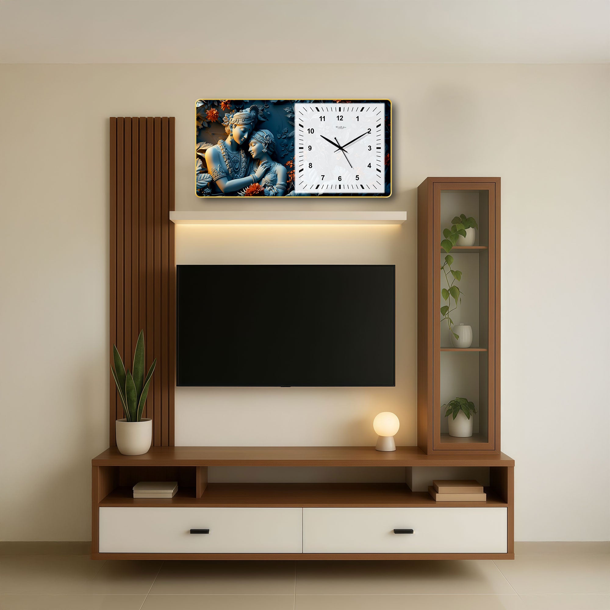 The Castle Decor Radha Krishna Decorative Wall Clock 24x12 Inch, Silent Sweep Non-Ticking Modern Wall Clock with Golden Slim Frame