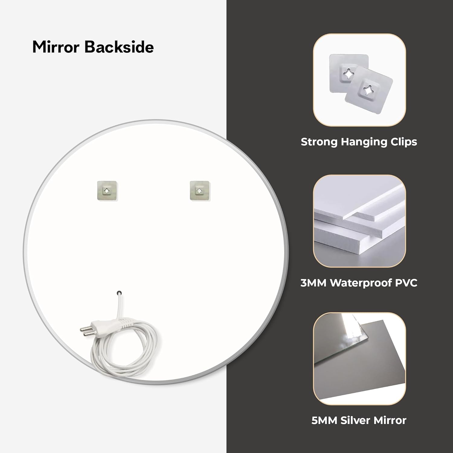 The Castle Decor Round LED Bathroom Mirror, 24 x 24 Inch, 3 Light Modes, Touch Control