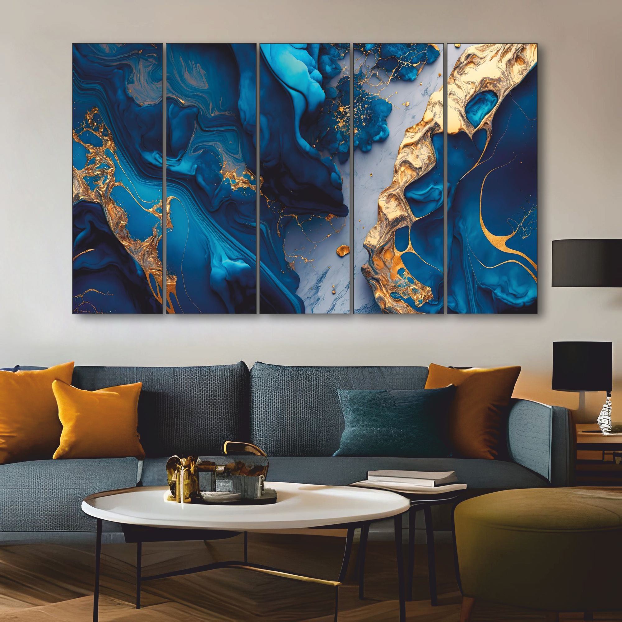 Blue Gold sparkle Set of 5 Big Size Multiple Frames Wall Art Painting for living room,Bedroom,Drawing room,Hotels-Wooden Framed-Digital Painting