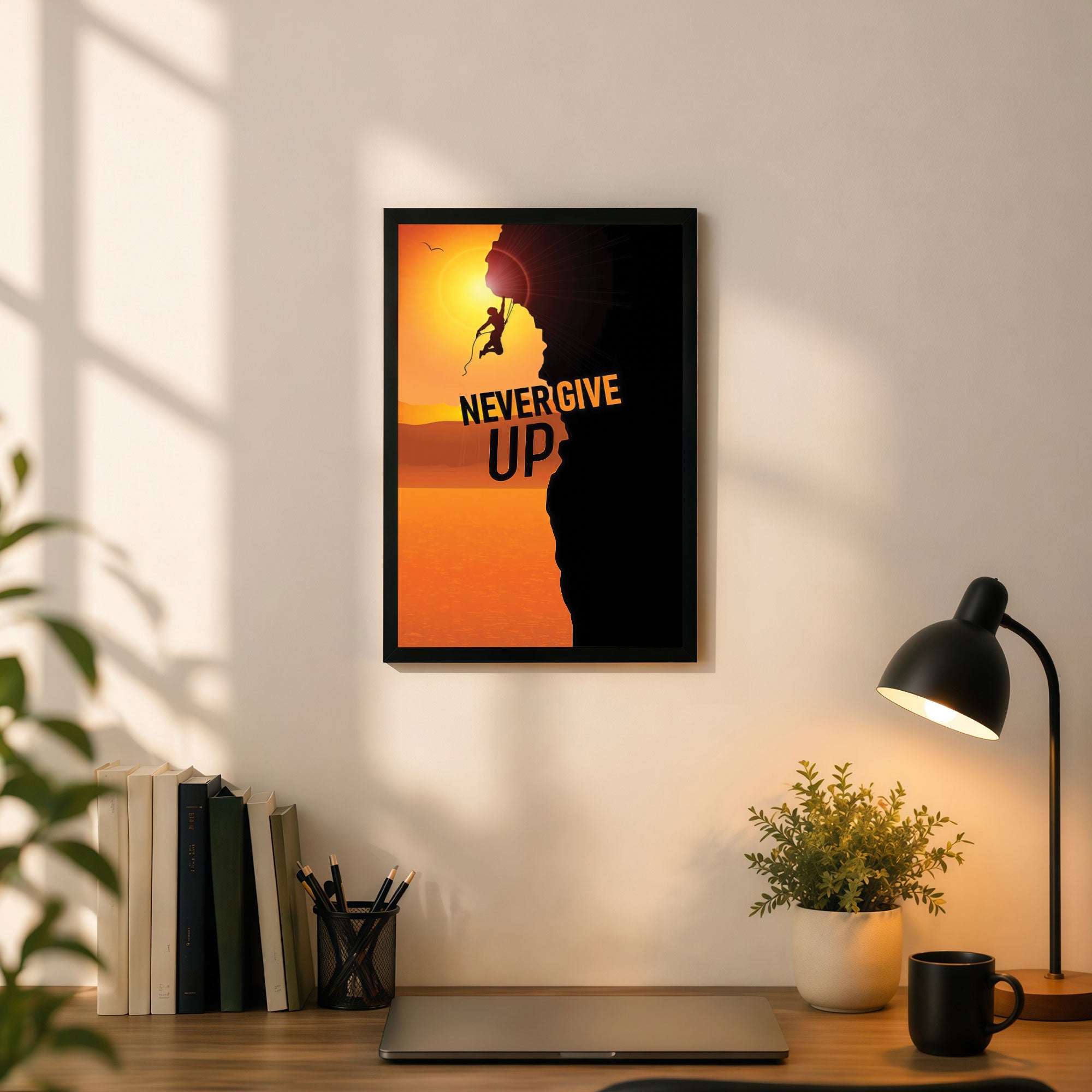 The Castle Decor Never Give Up Wall Art Frame | Inspirational Quote Poster with Climbing Silhouette for Home, Office & Gym Decor