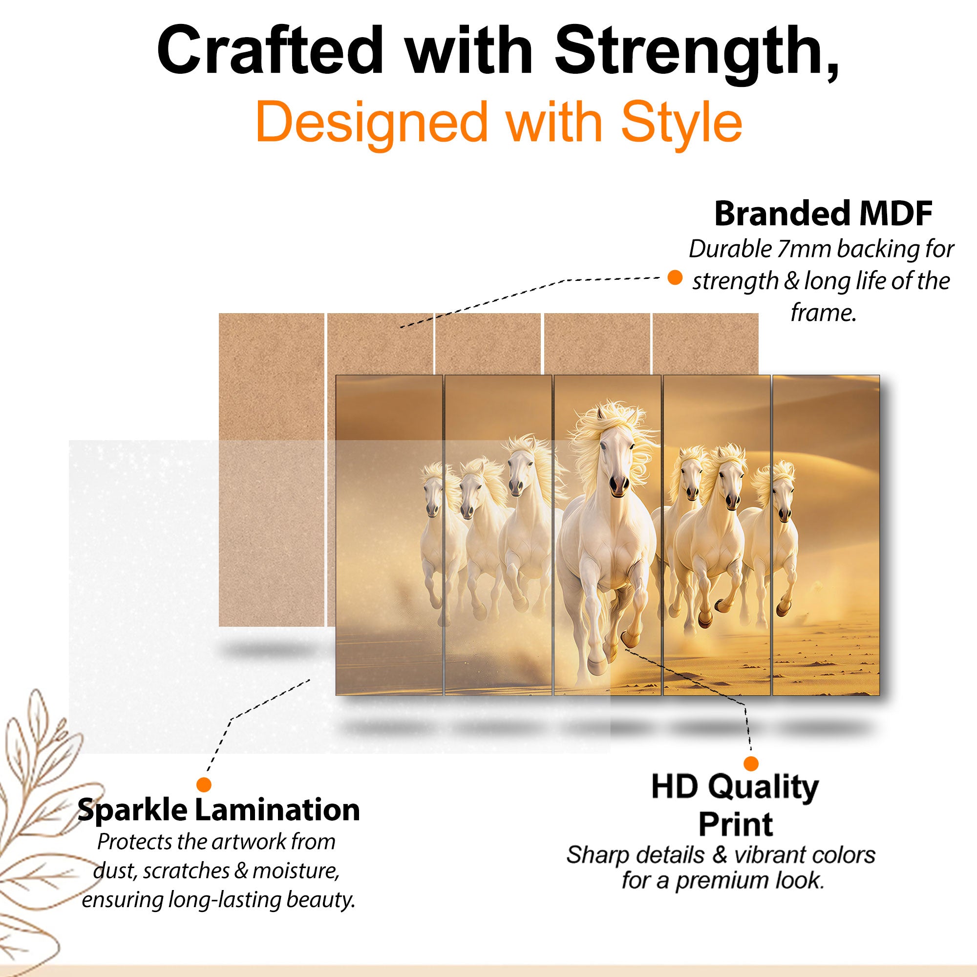 The Castle Decor Running White Horses in Golden Desert Wall Art, 5 Panel Vastu Painting for Home & Office Decor-2 36X60