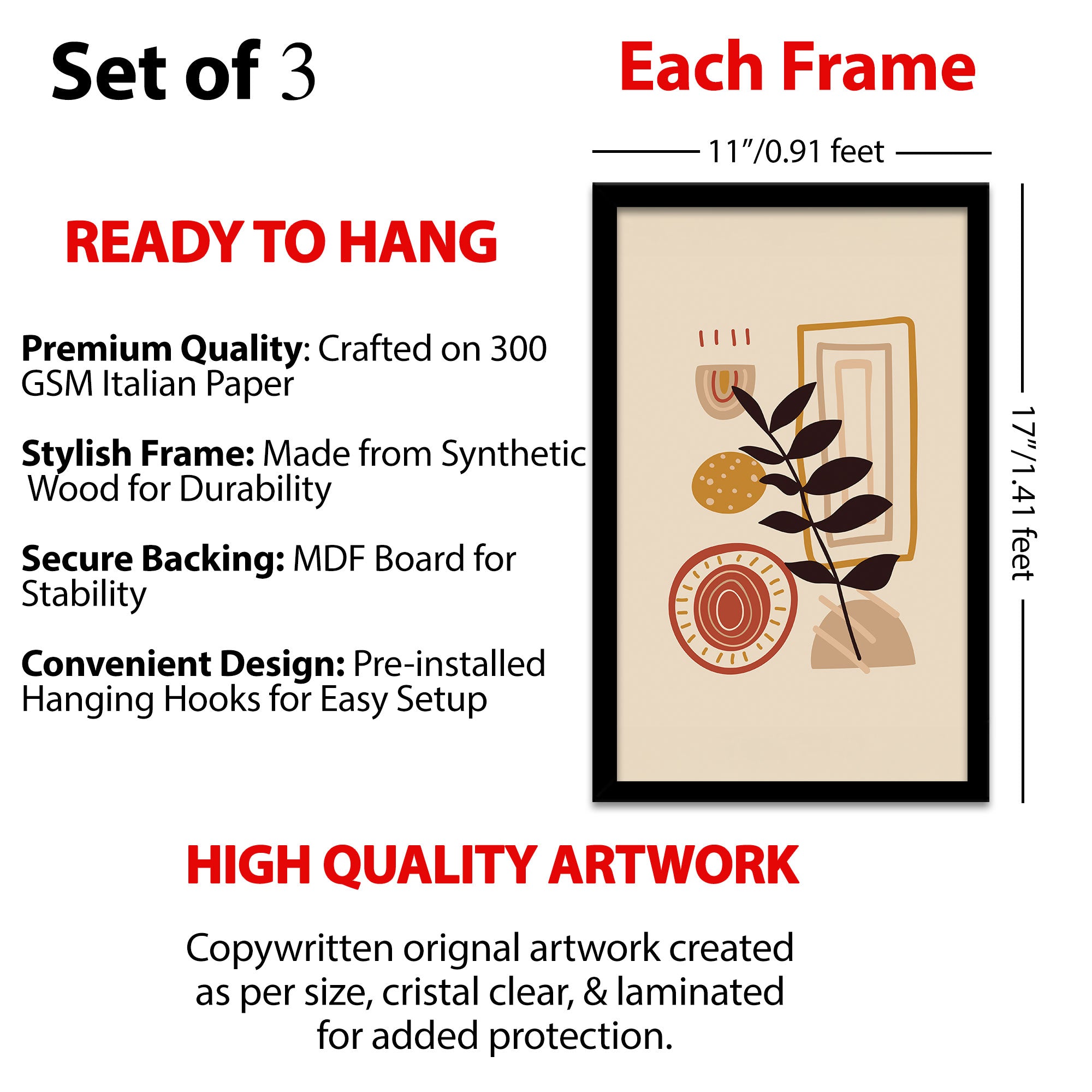 The Castle Decor Boho Wall Art for Living Room Big Size | Framed Abstract Botanical Paintings for Living Room & Bedroom | Modern Home Decoration & Perfect Gifting Option | Set of 3 (11×17 Inch Each) – 6