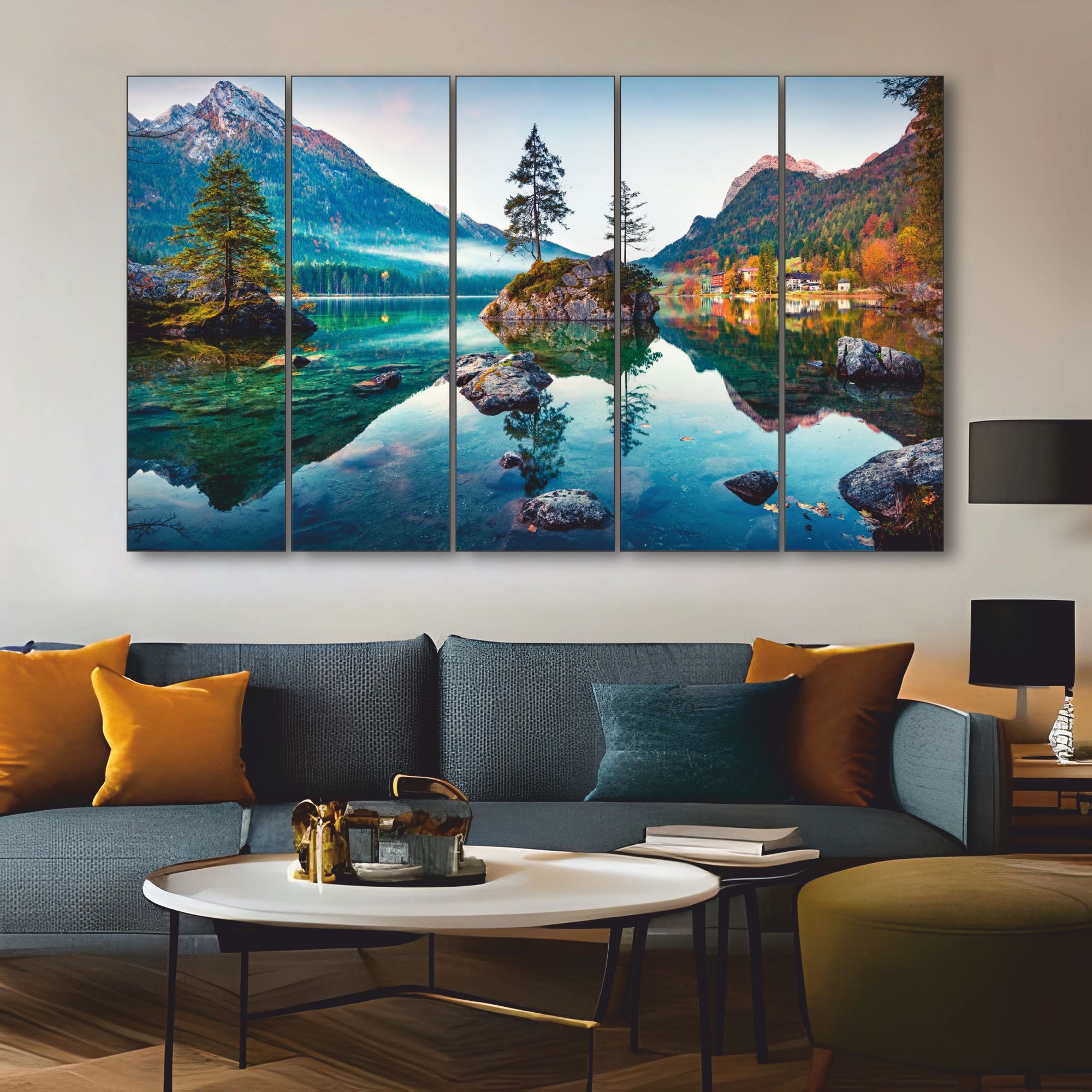 Beautiful Autumn scene of Hintersee Set of 5 Big Size Multiple Frames Wall Art Painting for living room,Bedroom,Drawing room,Hotels-Wooden Framed-Digital Painting