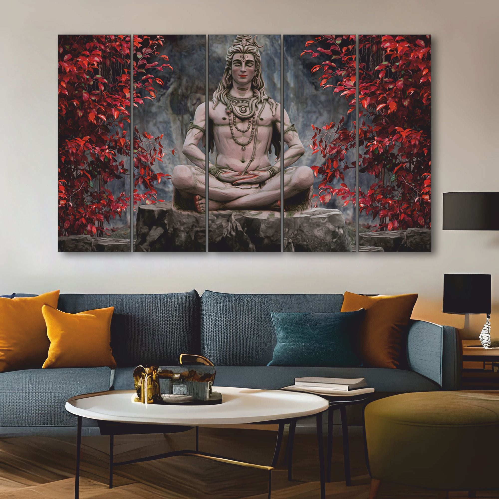 Colour Lord Shiva Meditating Set of 5 Big Size Multiple Frames Wall Art Painting for living room,Bedroom,Drawing room,Hotels-Wooden Framed-Digital Painting