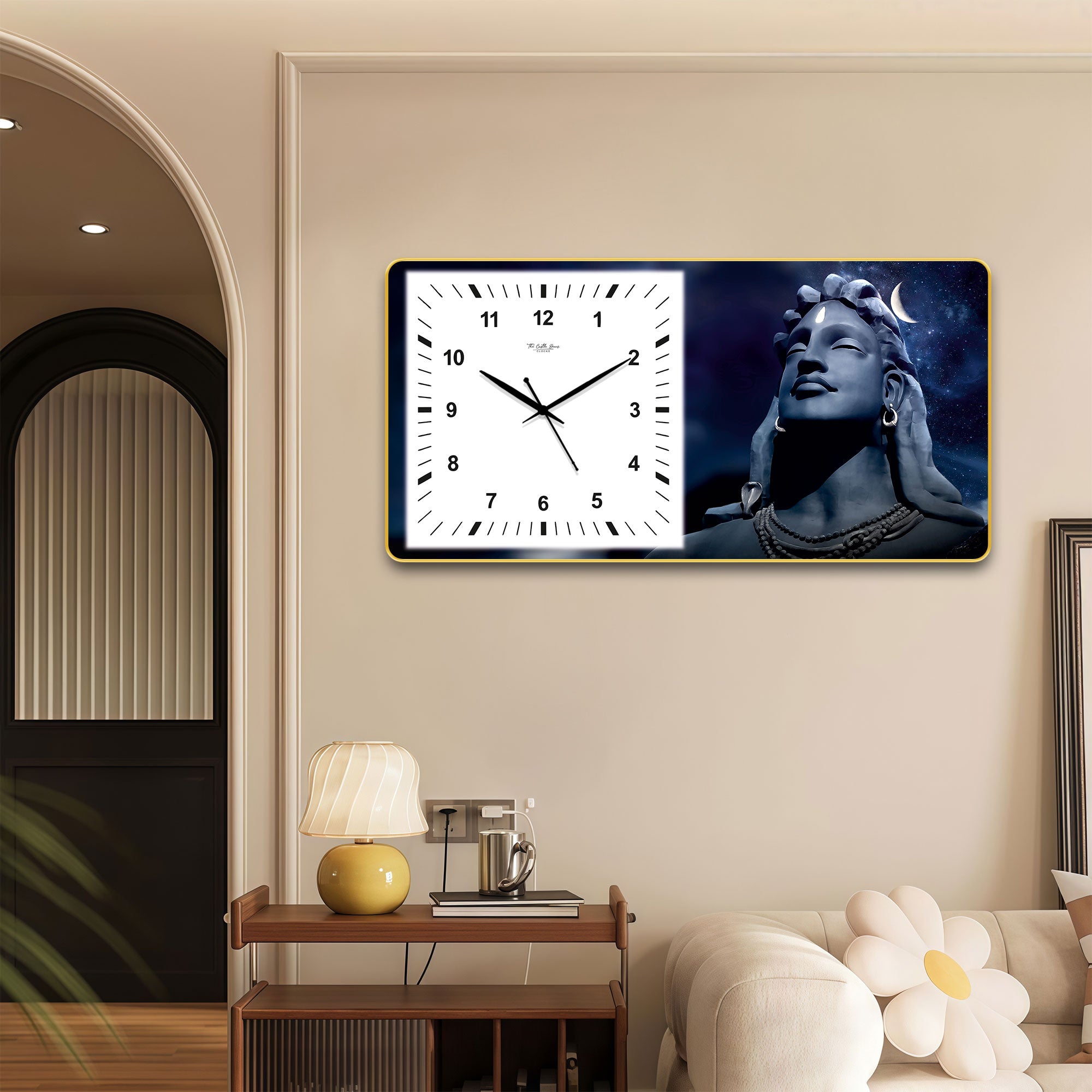 The Castle Decor Adiyogi Shiva Decorative Wall Clock 24x12 Inch, Silent Sweep Non-Ticking Modern Wall Clock with Golden Slim Frame
