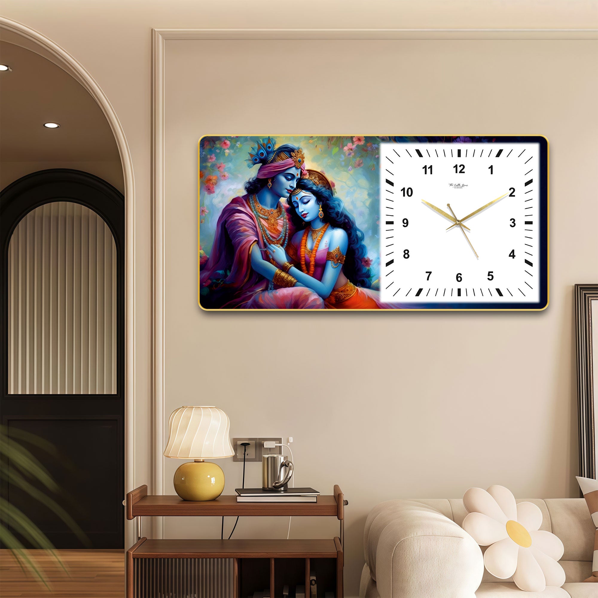 The Castle Decor Radha Krishna Decorative Wall Clock 24x12 Inch, Silent Sweep Non-Ticking Modern Wall Clock with Golden Slim Frame