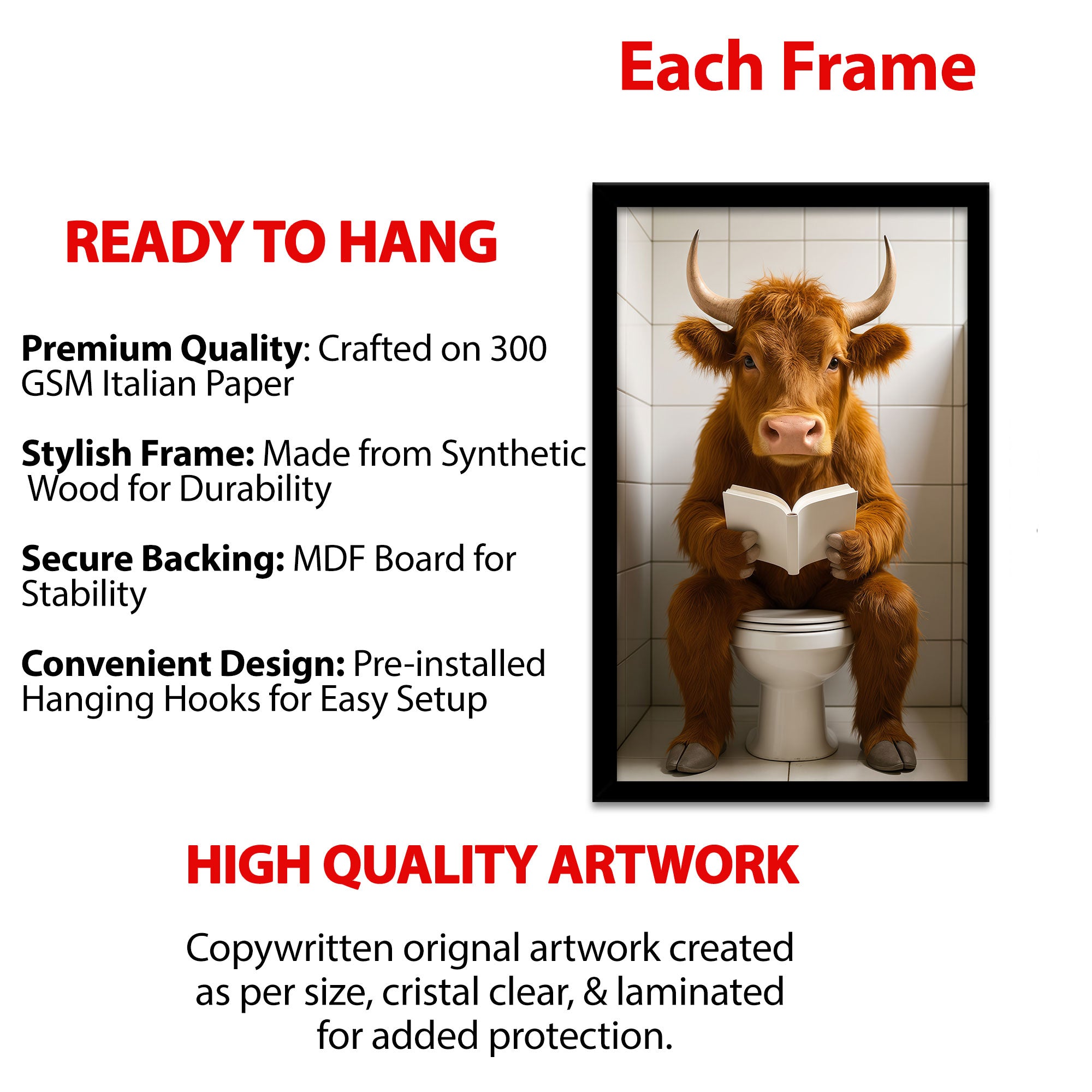The Castle Decor Funny Highland Cow Bathroom Wall Art - 3 Piece Set (Bathrobe Cow, Toilet Reading Cow, Toilet Paper Cow) - Humorous Framed Prints