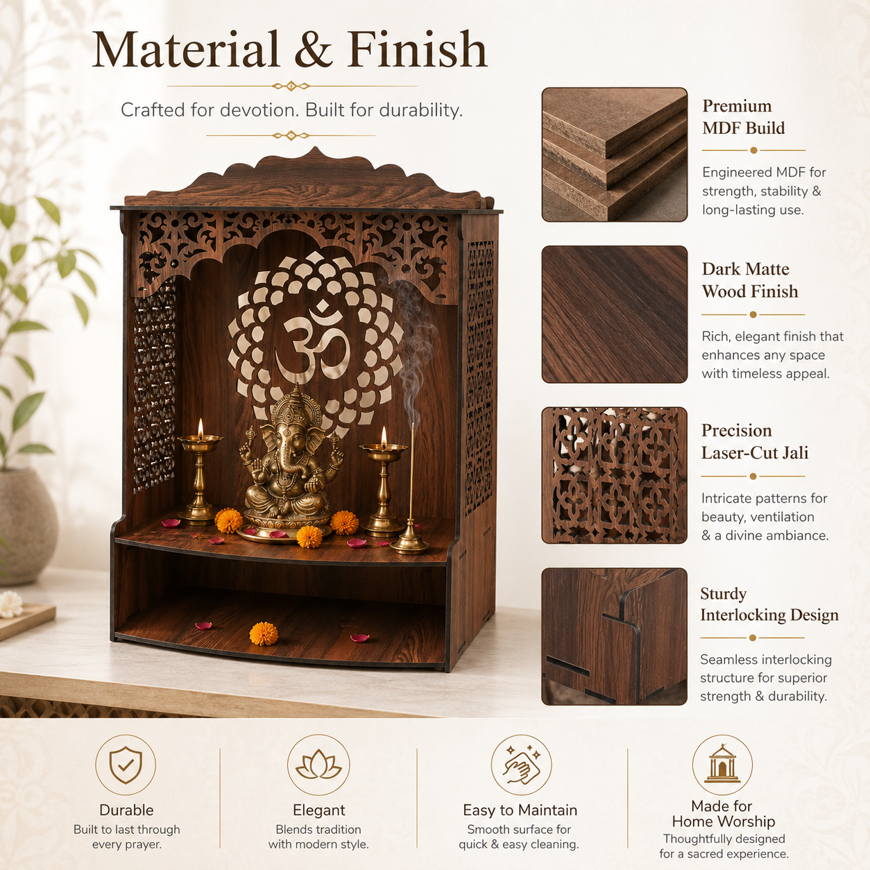 The Castle Decor Wooden Mandir for Home, Wall Hanging & Tabletop Pooja Temple with Om Cutwork Back Panel, Open Storage Shelf, Mandir for Pooja Room, Office, Hostel & Apartment, 16.5 x 24.5 x 10.5 Inch