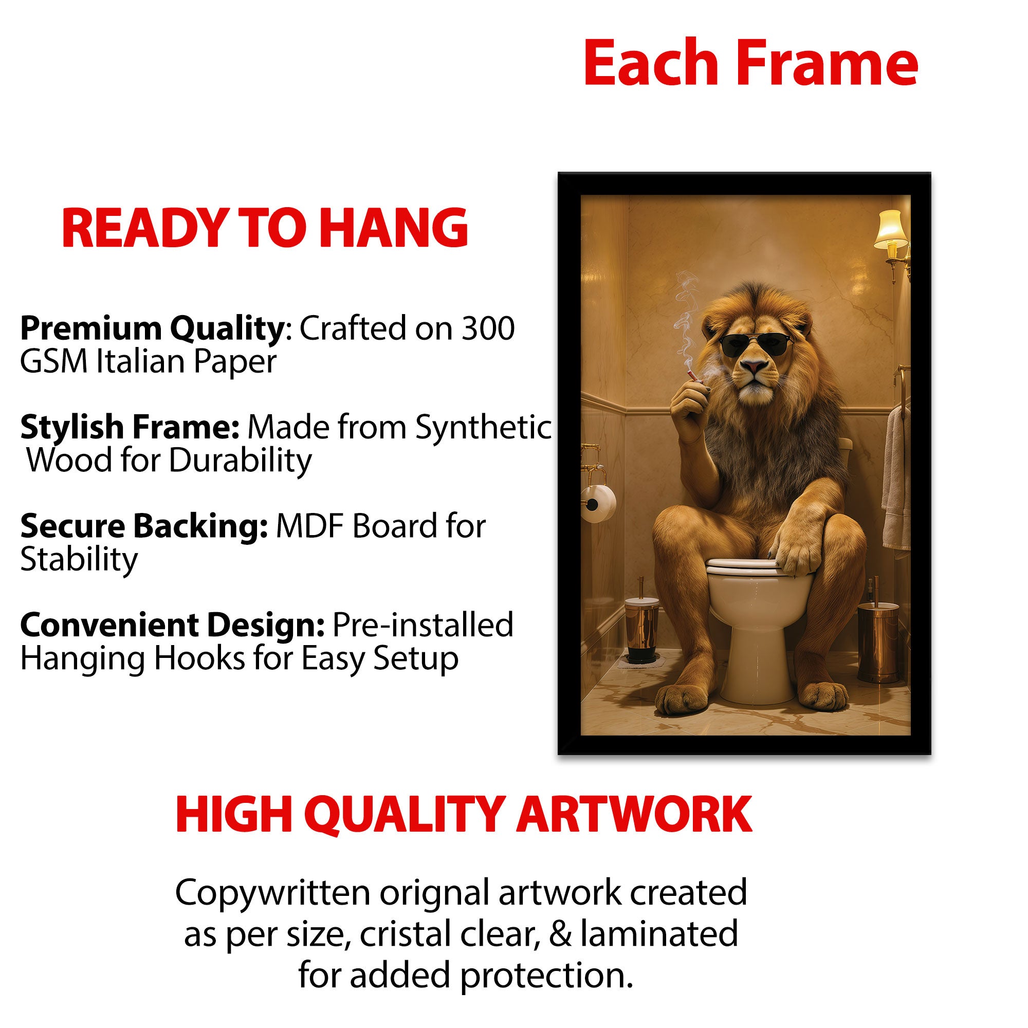 The Castle Decor Funny Lion with Sunglasses on Toilet Framed Wall Art – Cool King of the Jungle Smoking in Bathroom Framed Poster, Humorous Animal Restroom Decor, Quirky Man Cave