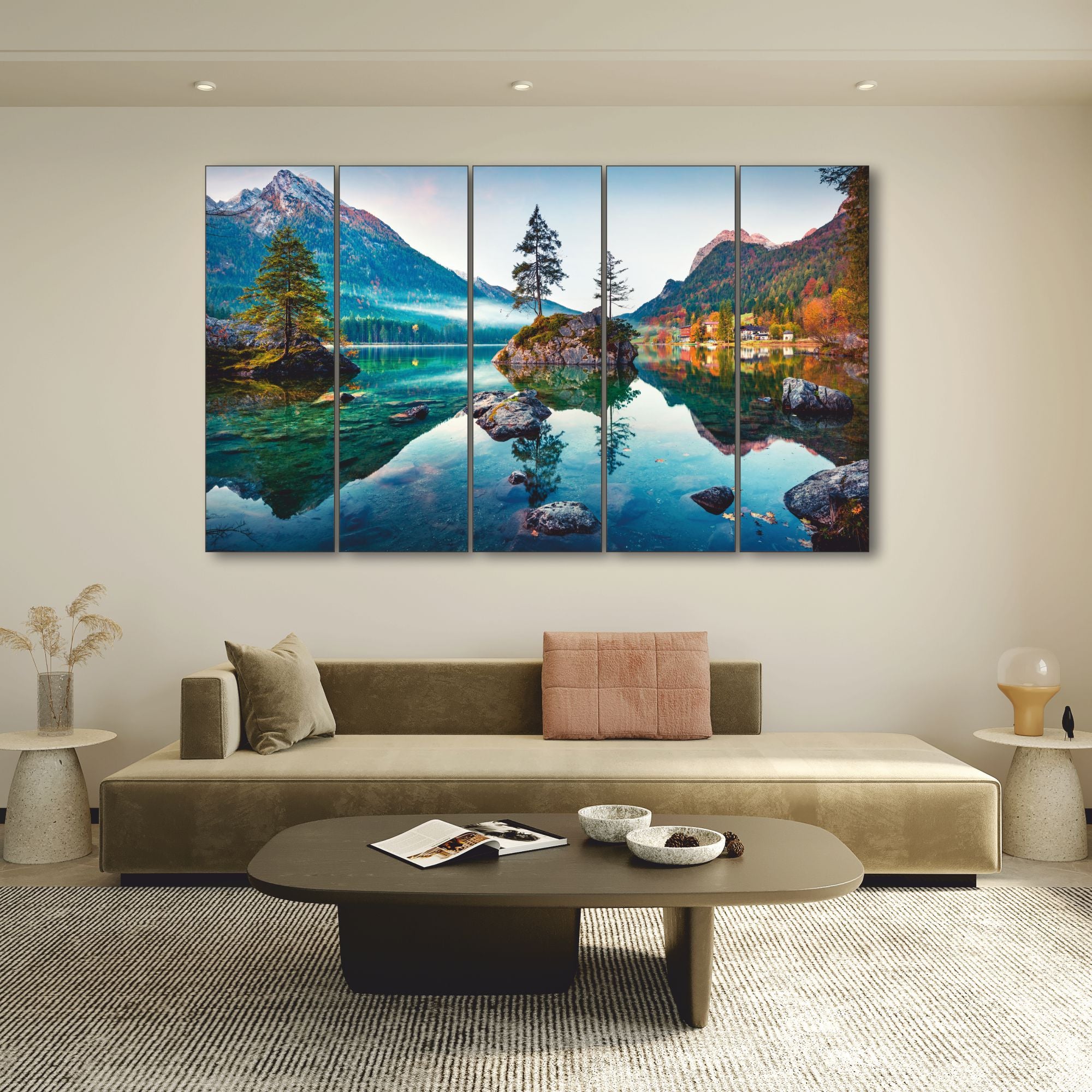 Beautiful Autumn scene of Hintersee Set of 5 Big Size Multiple Frames Wall Art Painting for living room,Bedroom,Drawing room,Hotels-Wooden Framed-Digital Painting