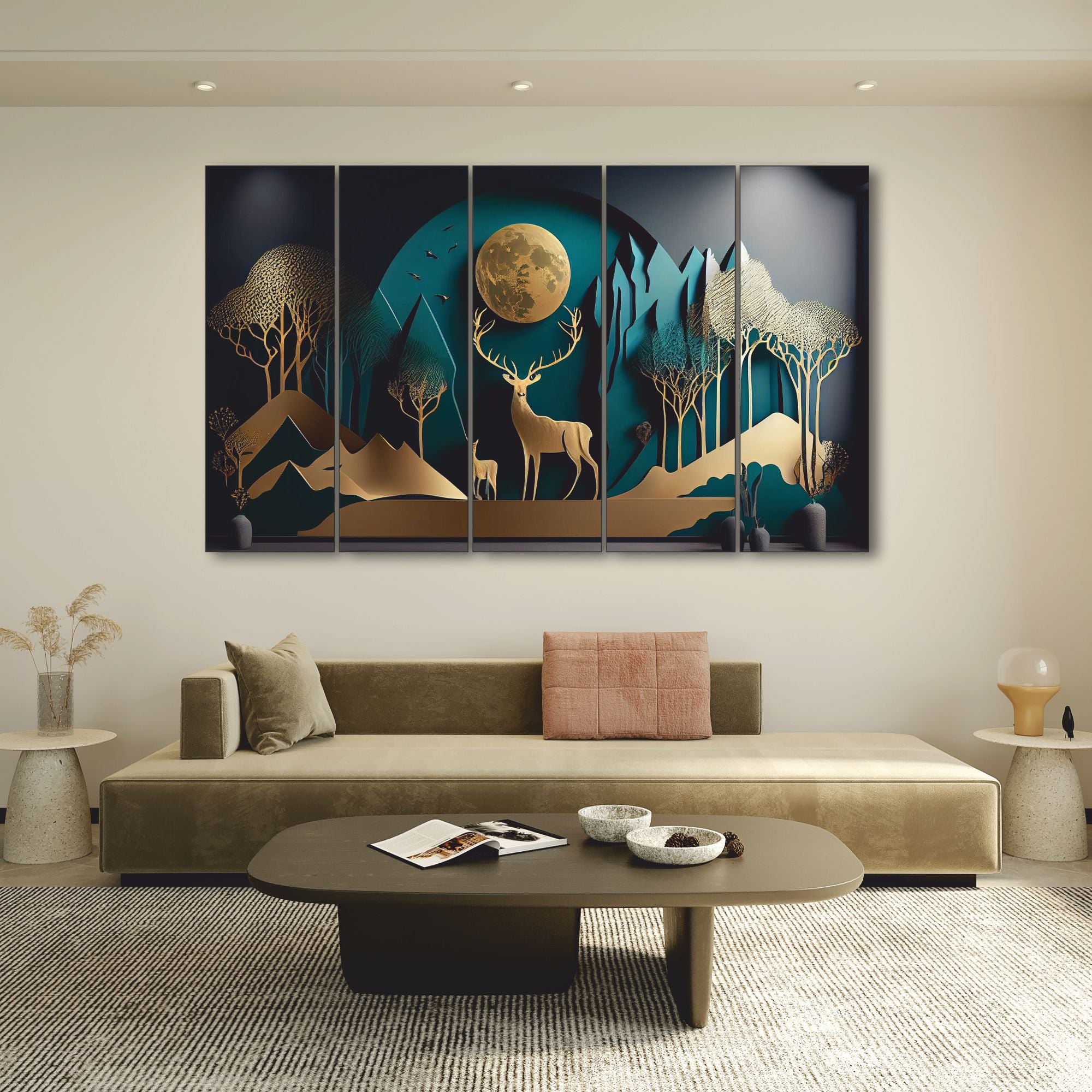 Golden deer nature Set of 5 Big Size Multiple Frames Wall Art Painting for living room,Bedroom,Drawing room,Hotels-Wooden Framed-Digital Painting