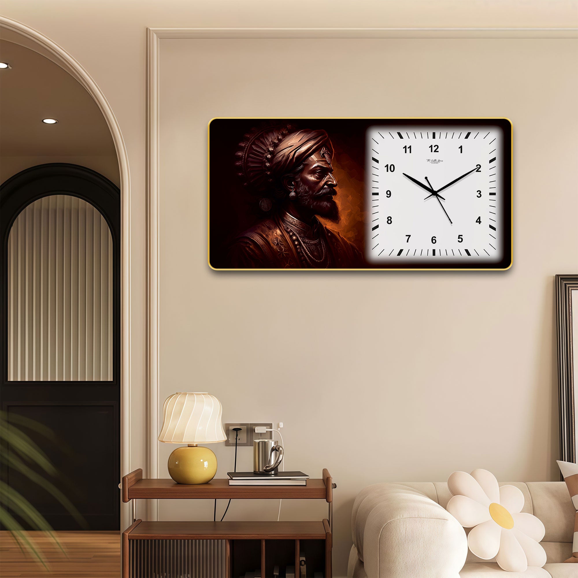 The Castle Decor Chhatrapati Shivaji Maharaj Decorative Wall Clock 24x12 Inch, Silent Sweep Non-Ticking Modern Wall Clock with Golden Slim Frame
